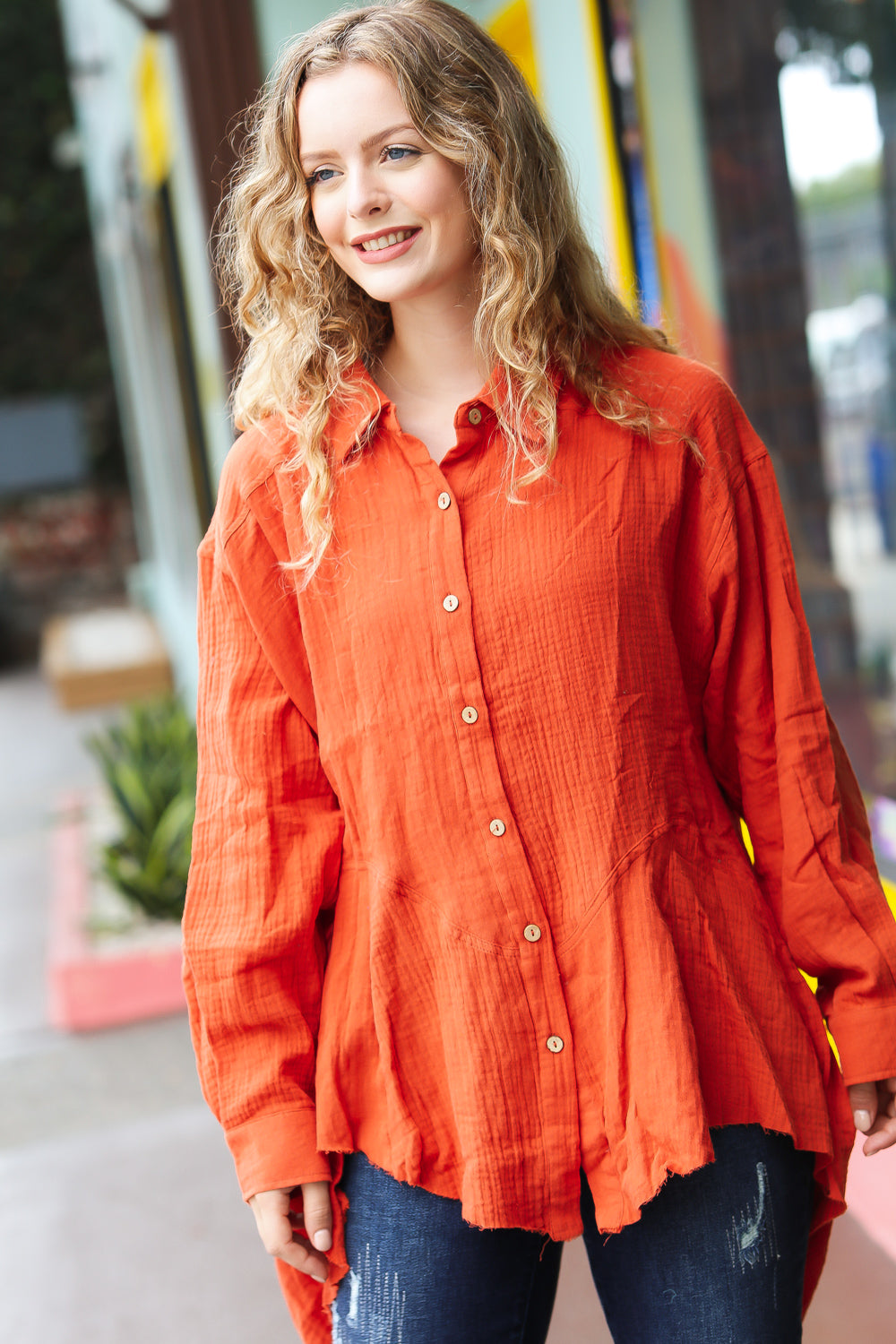 Feeling Bold Rust Button Down Sharkbite Cotton Tunic Top-Inspired by Justeen-Women's Clothing Boutique in Chicago, Illinois