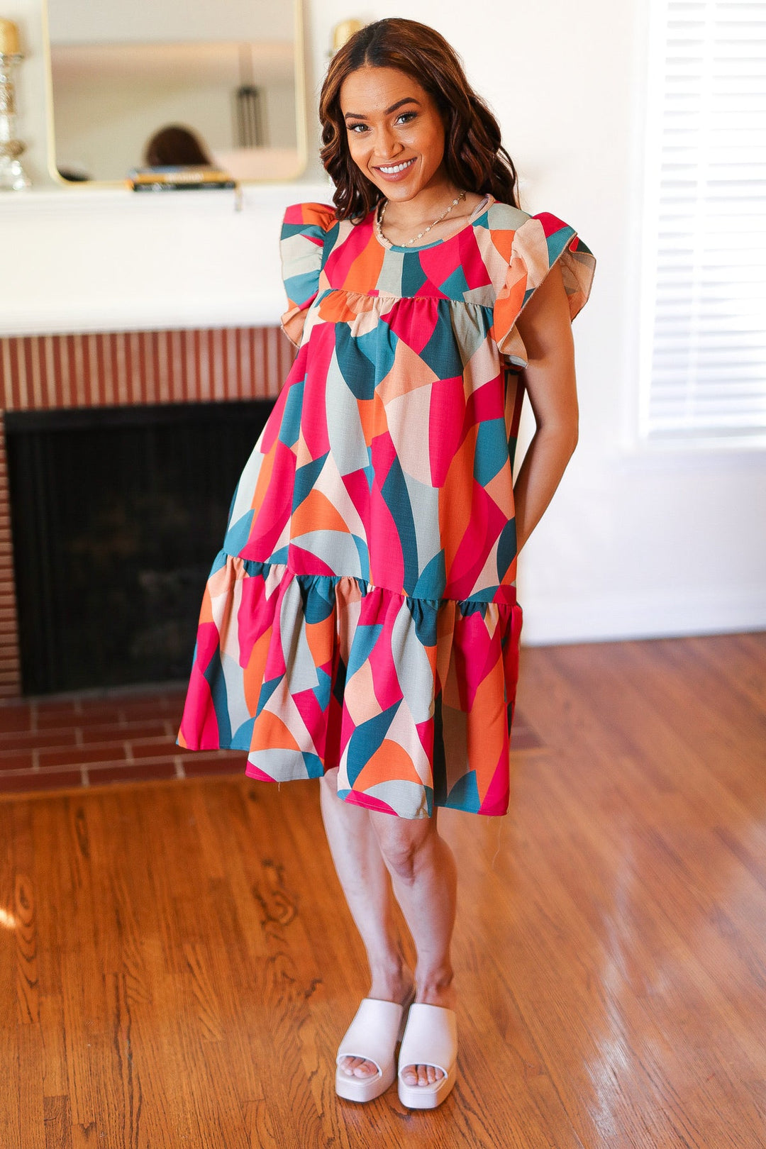 Stand Out Magenta & Teal Geometric Yoke Woven Dress-Inspired by Justeen-Women's Clothing Boutique in Chicago, Illinois