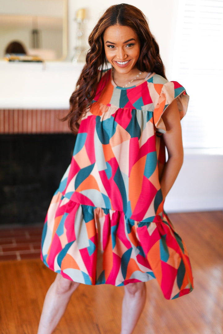 Stand Out Magenta & Teal Geometric Yoke Woven Dress-Inspired by Justeen-Women's Clothing Boutique in Chicago, Illinois