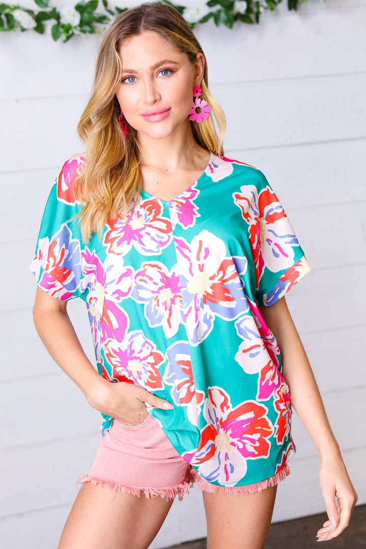 Ocean & Lavender Tropical Floral V Neck Top-Inspired by Justeen-Women's Clothing Boutique in Chicago, Illinois
