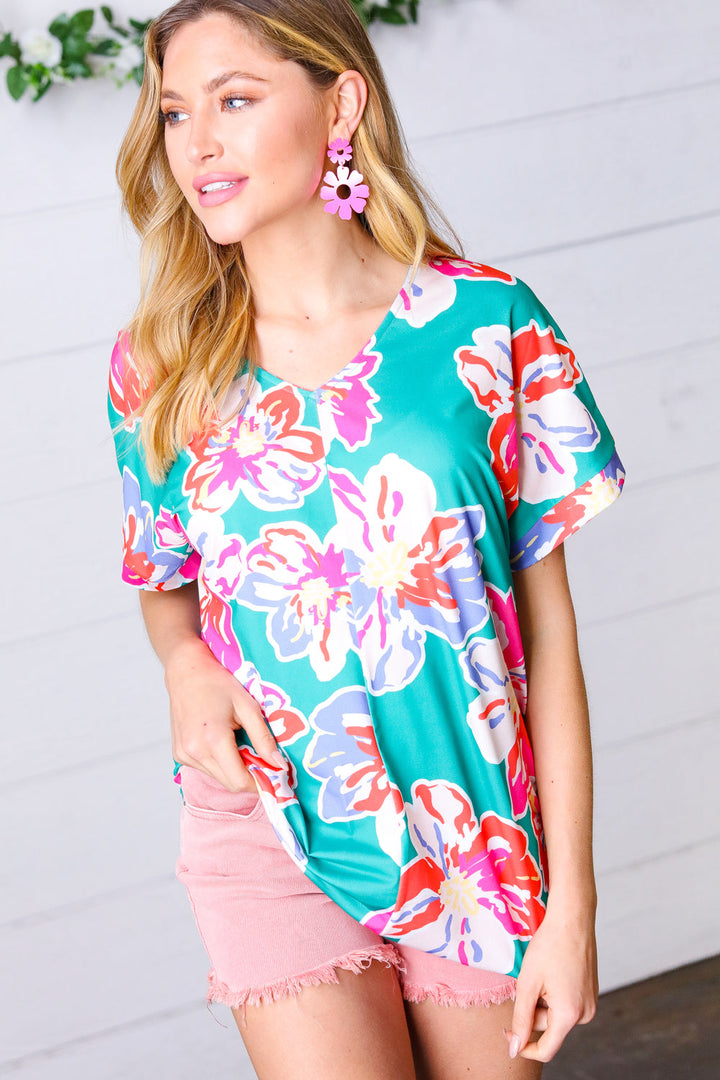 Ocean & Lavender Tropical Floral V Neck Top-Inspired by Justeen-Women's Clothing Boutique in Chicago, Illinois