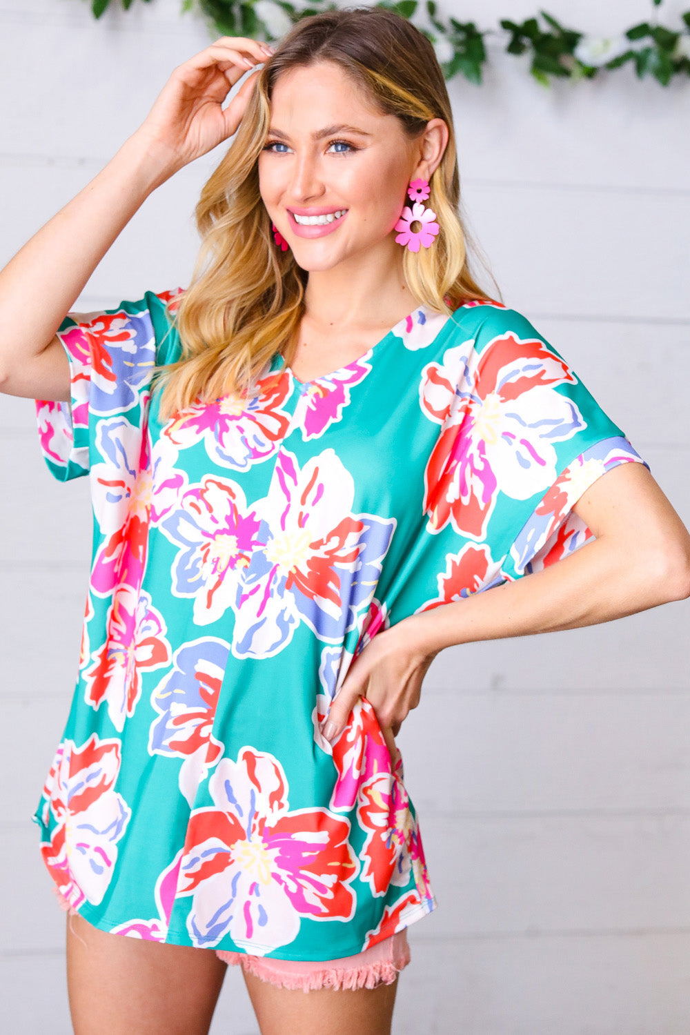 Ocean & Lavender Tropical Floral V Neck Top-100 Short Sleeve Tops-Inspired by Justeen-Women's Clothing Boutique in Chicago, Illinois