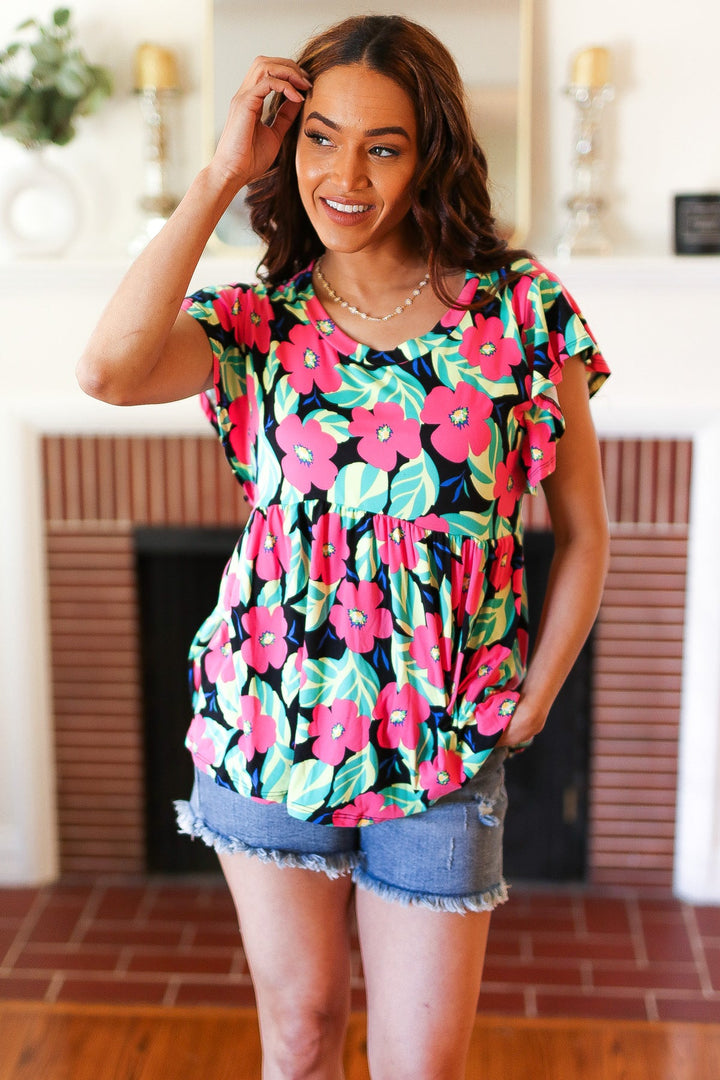 Black & Pink Floral Ruffle Short Sleeve Babydoll Top-Inspired by Justeen-Women's Clothing Boutique in Chicago, Illinois