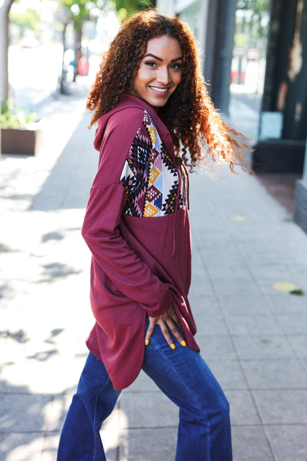 Stand Out Burgundy Tribal Print Half Zip Longline Hoodie-Inspired by Justeen-Women's Clothing Boutique