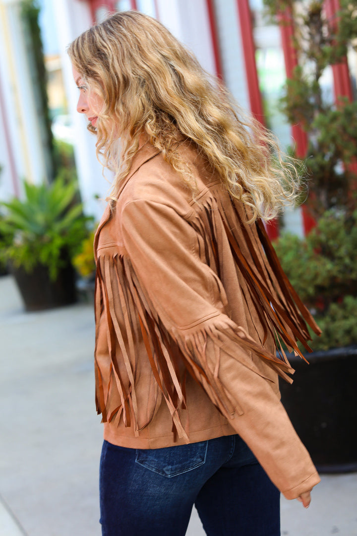 Festival Ready Camel Vegan Suede Fringe Jacket-Inspired by Justeen-Women's Clothing Boutique