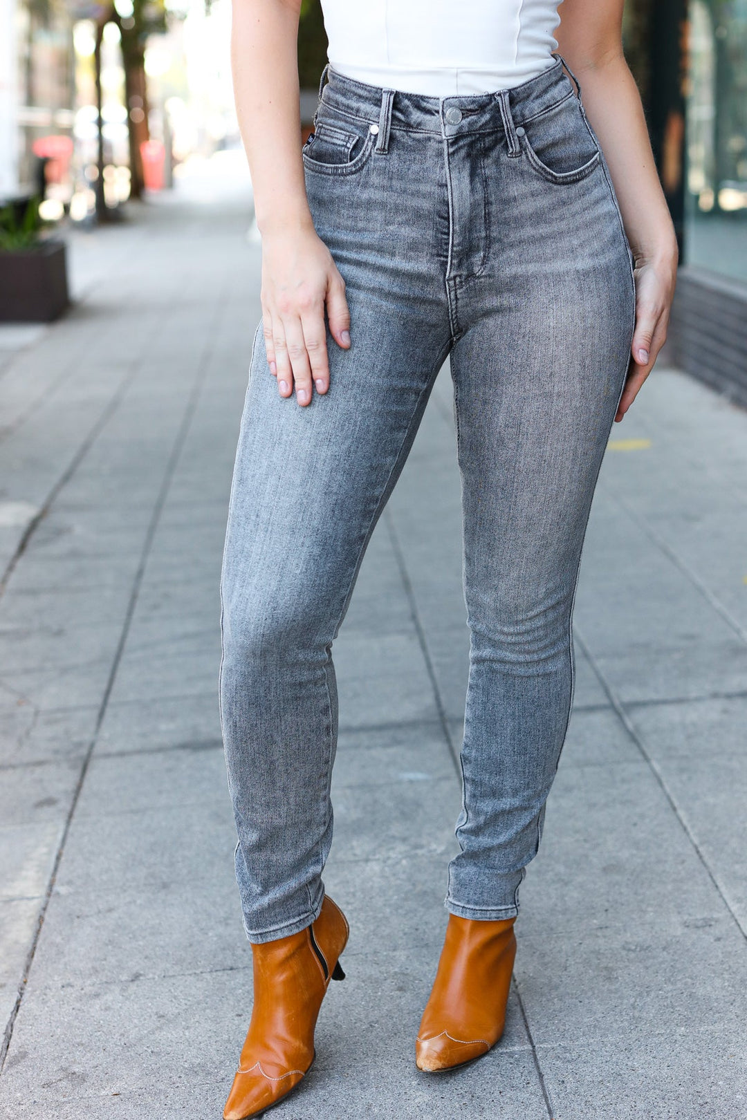 Judy Blue Grey Mid Rise Tummy Control Skinny Jeans-Inspired by Justeen-Women's Clothing Boutique