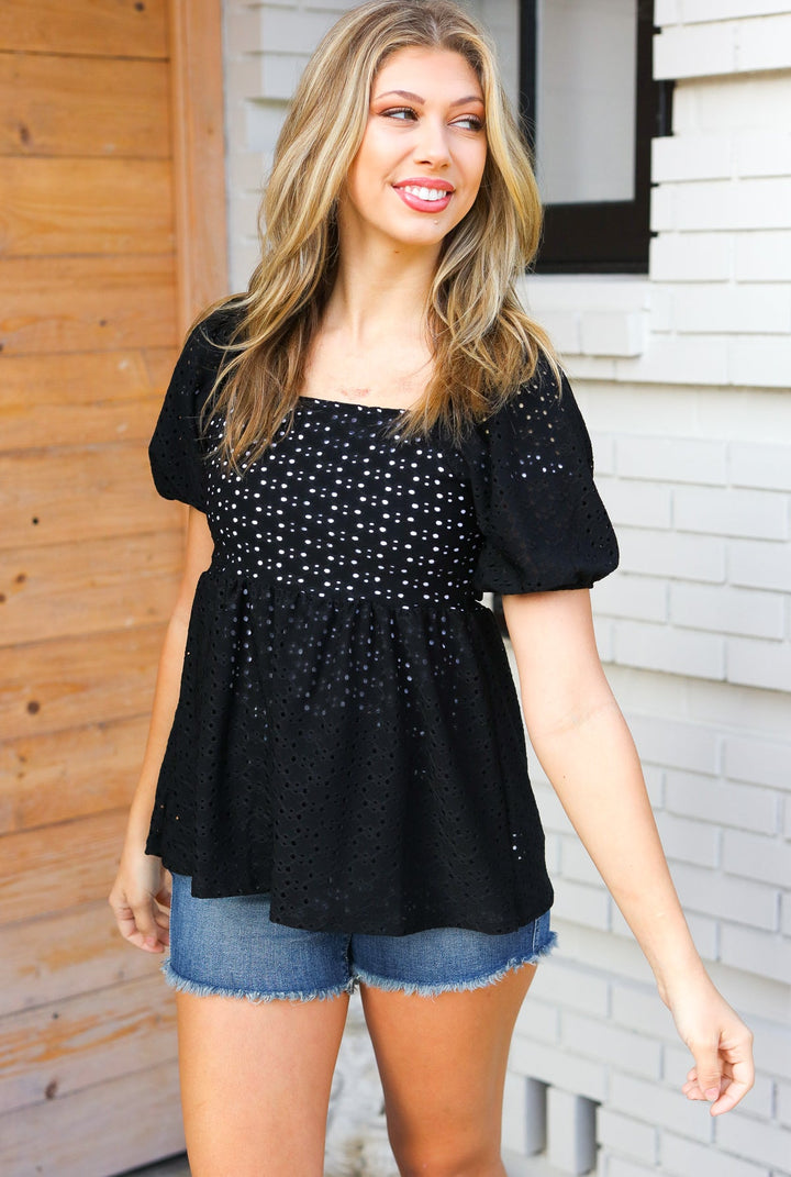 Midnight Eyelet Puff Sleeve Babydoll Top-Inspired by Justeen-Women's Clothing Boutique in Chicago, Illinois