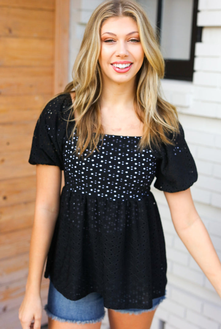 Midnight Eyelet Puff Sleeve Babydoll Top-Inspired by Justeen-Women's Clothing Boutique in Chicago, Illinois