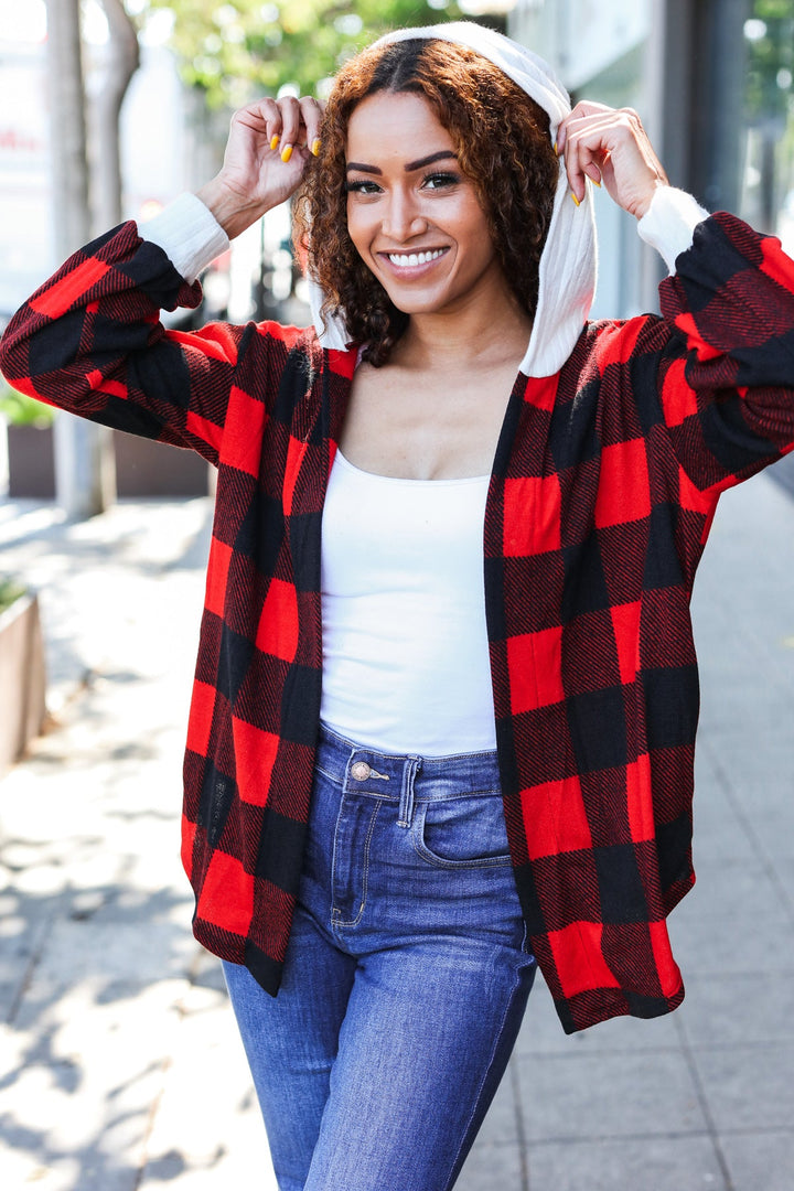 Stepping Out Red Buffalo Plaid Ribbed Hooded Sweater-Sweaters/Sweatshirts-Inspired by Justeen-Women's Clothing Boutique