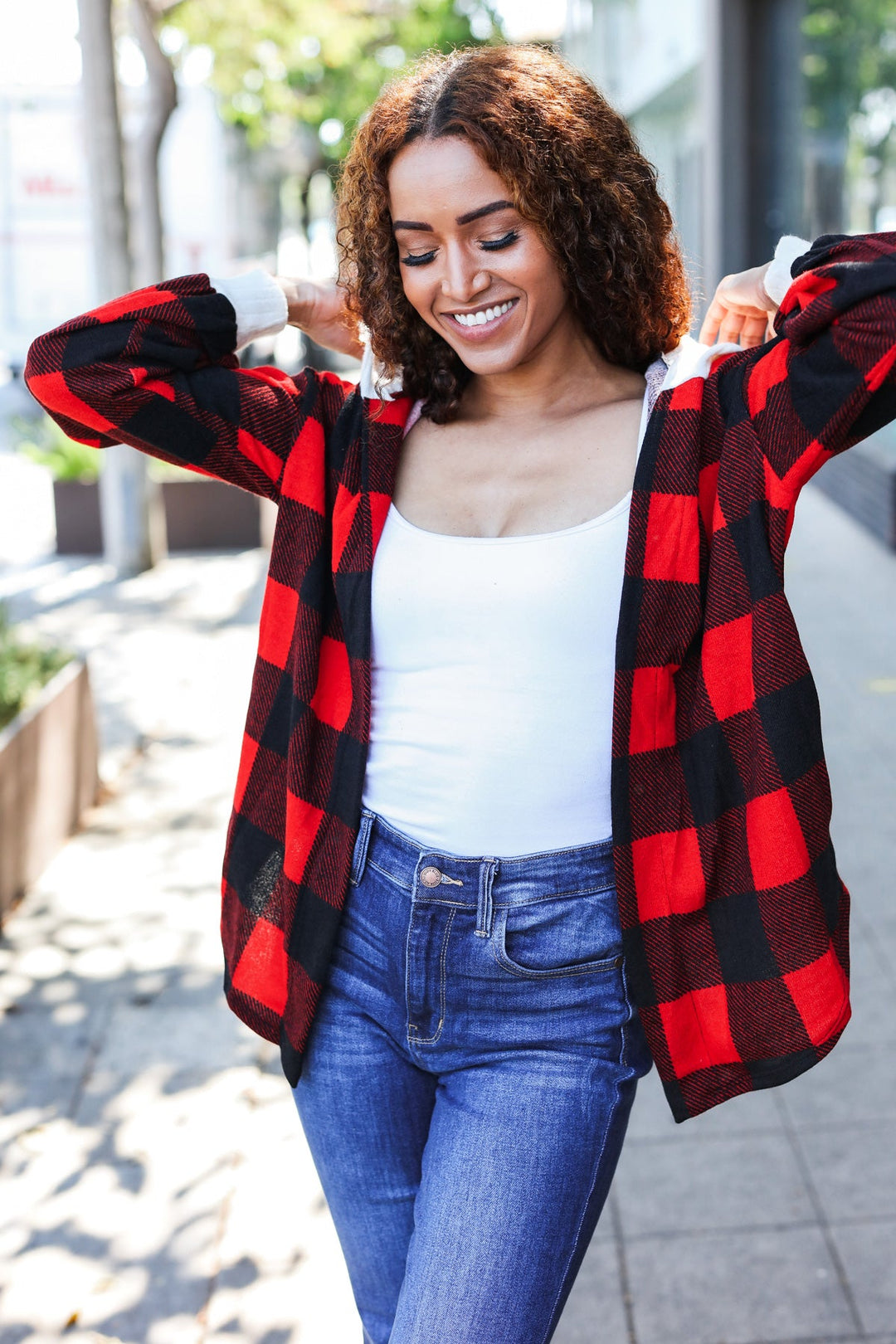 Stepping Out Red Buffalo Plaid Ribbed Hooded Sweater-Sweaters/Sweatshirts-Inspired by Justeen-Women's Clothing Boutique