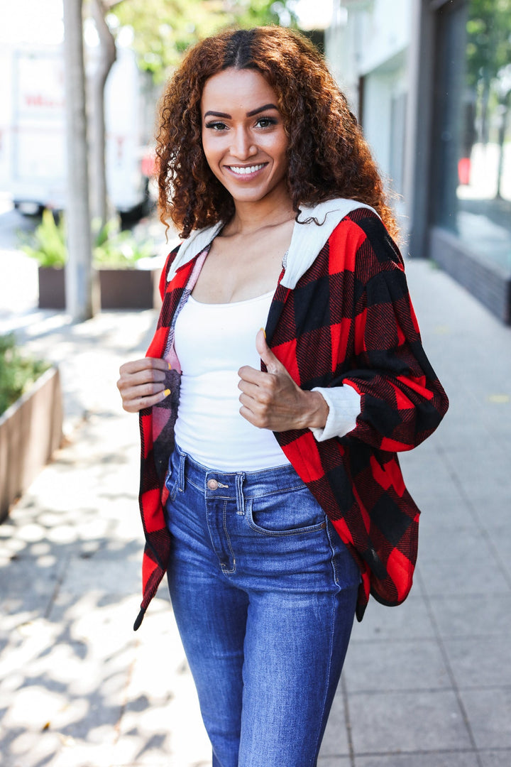 Stepping Out Red Buffalo Plaid Ribbed Hooded Sweater-Sweaters/Sweatshirts-Inspired by Justeen-Women's Clothing Boutique