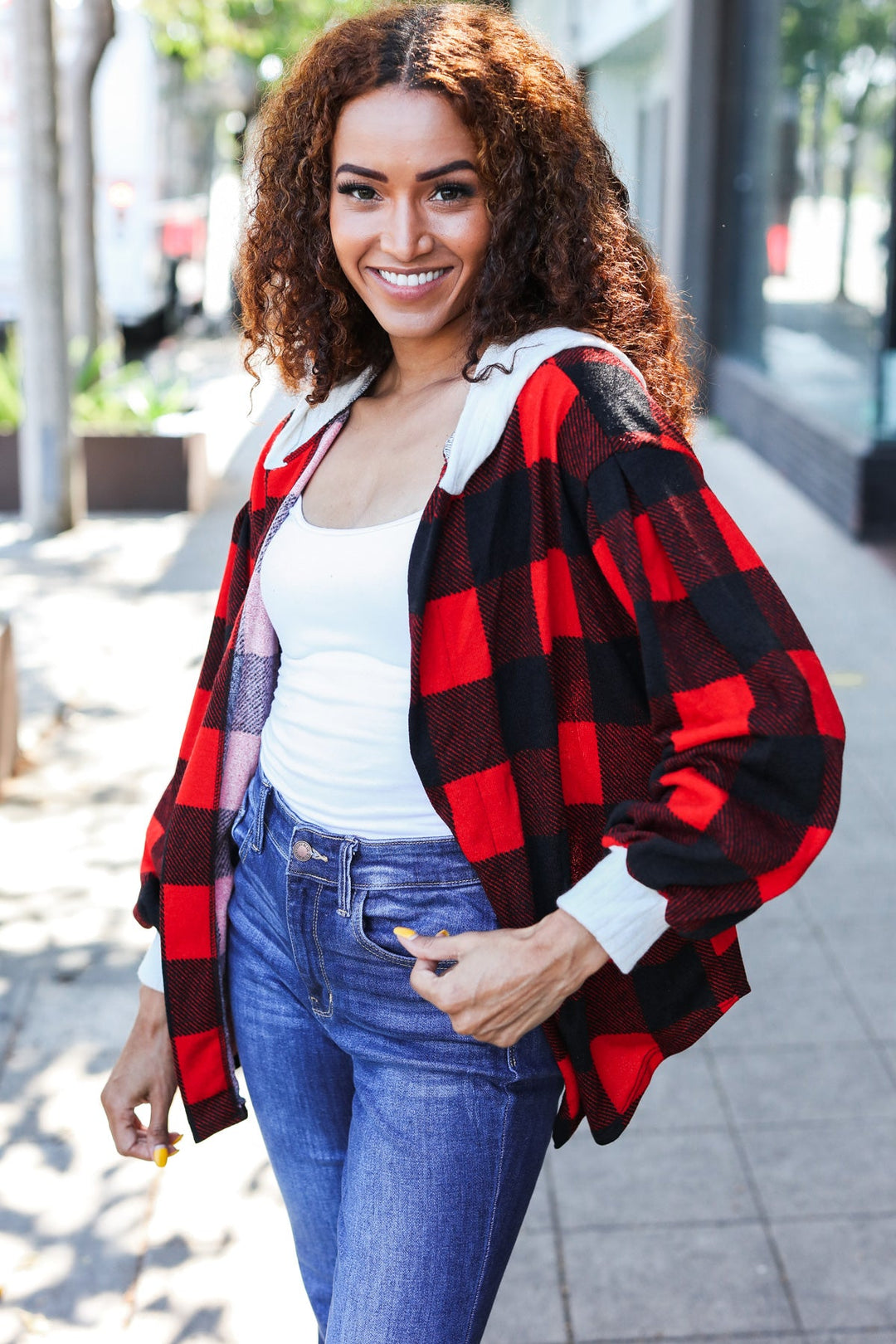 Stepping Out Red Buffalo Plaid Ribbed Hooded Sweater-Sweaters/Sweatshirts-Inspired by Justeen-Women's Clothing Boutique