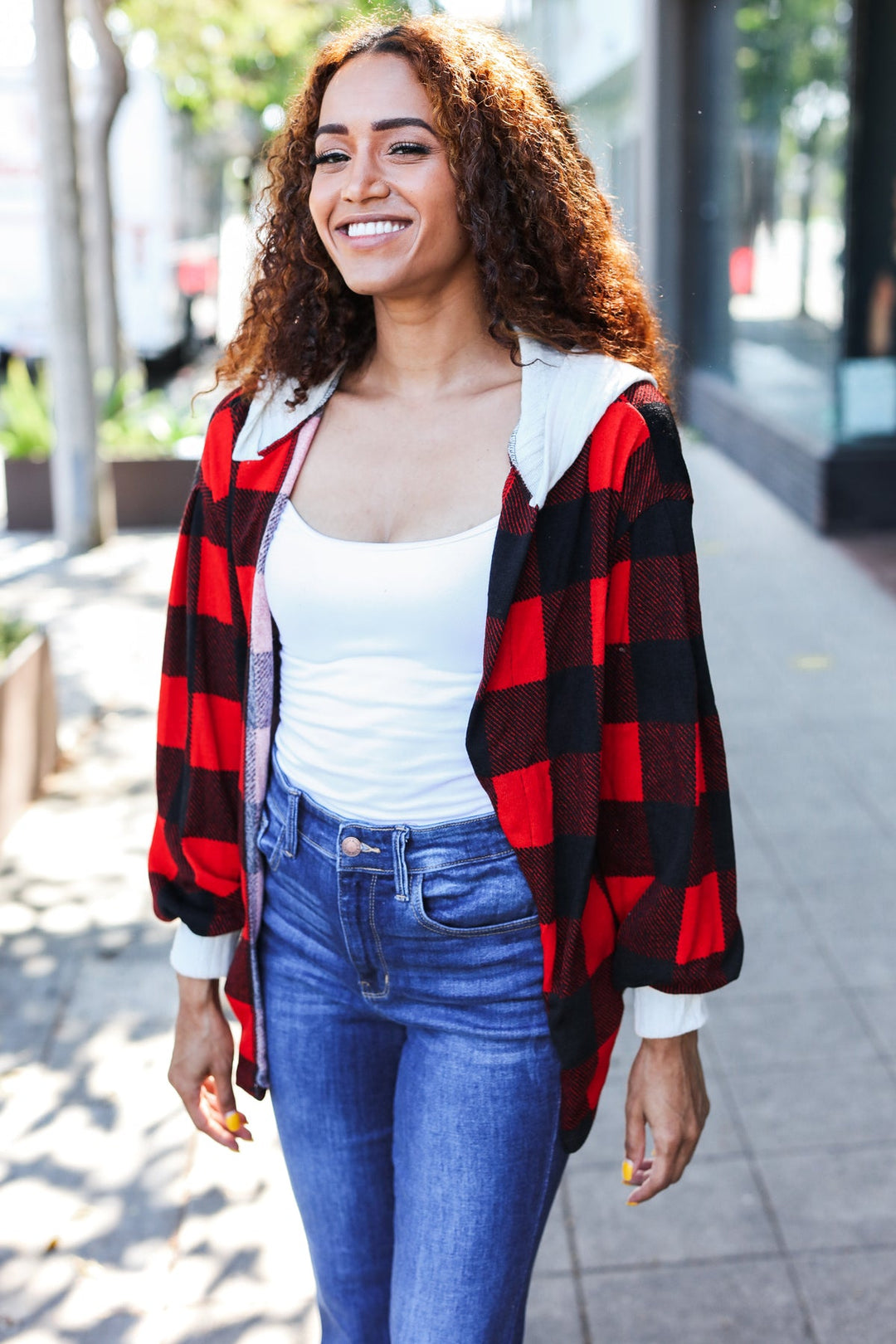 Stepping Out Red Buffalo Plaid Ribbed Hooded Sweater-Sweaters/Sweatshirts-Inspired by Justeen-Women's Clothing Boutique