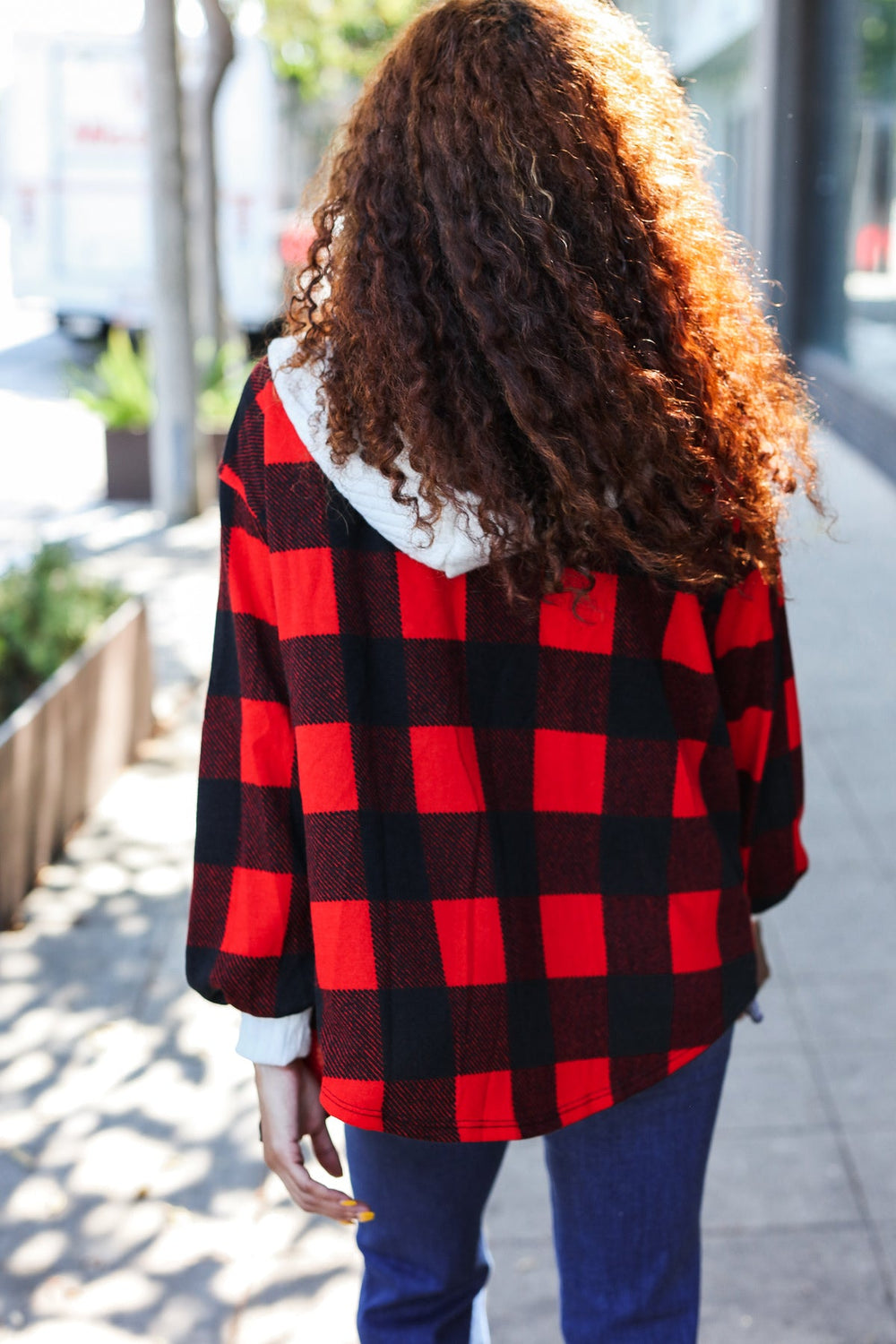 Stepping Out Red Buffalo Plaid Ribbed Hooded Sweater-Inspired by Justeen-Women's Clothing Boutique