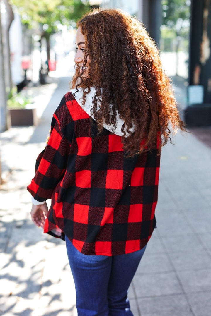 Stepping Out Red Buffalo Plaid Ribbed Hooded Sweater-Sweaters/Sweatshirts-Inspired by Justeen-Women's Clothing Boutique