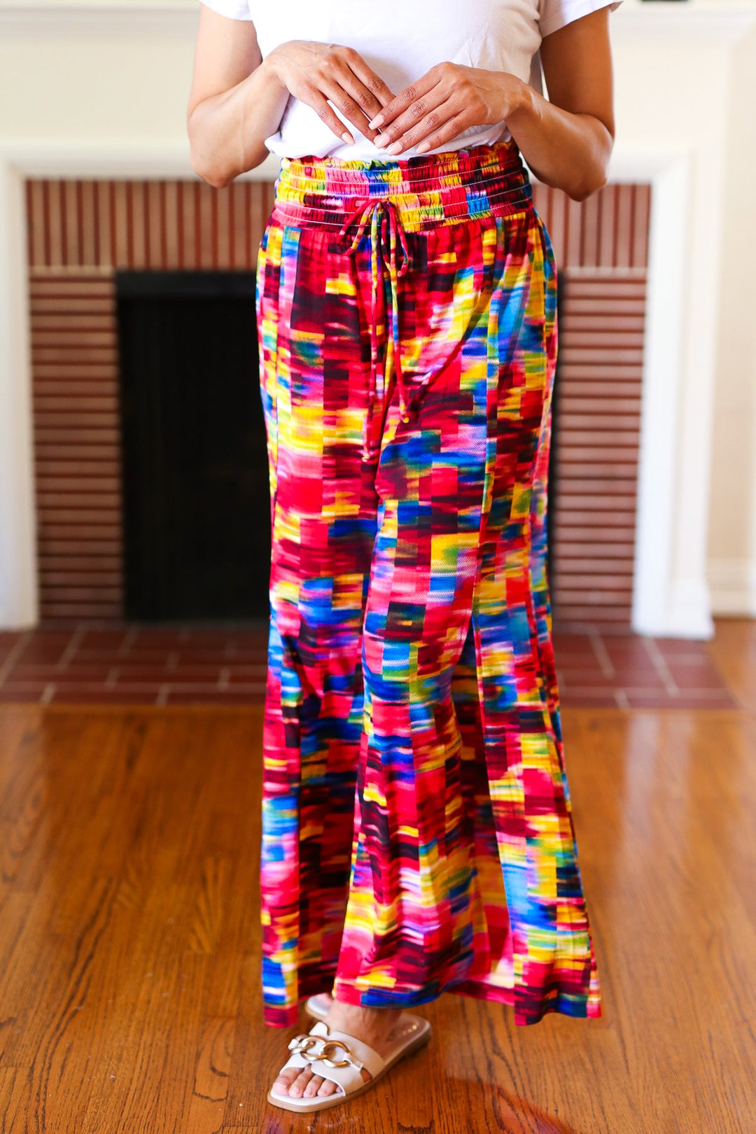 Vacay Vibes Kaleidoscope Smocked Waist Side Slit Palazzo Pants-Inspired by Justeen-Women's Clothing Boutique in Chicago, Illinois