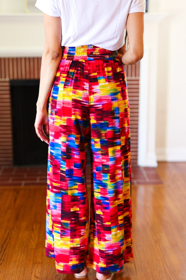 Vacay Vibes Kaleidoscope Smocked Waist Side Slit Palazzo Pants-Inspired by Justeen-Women's Clothing Boutique in Chicago, Illinois