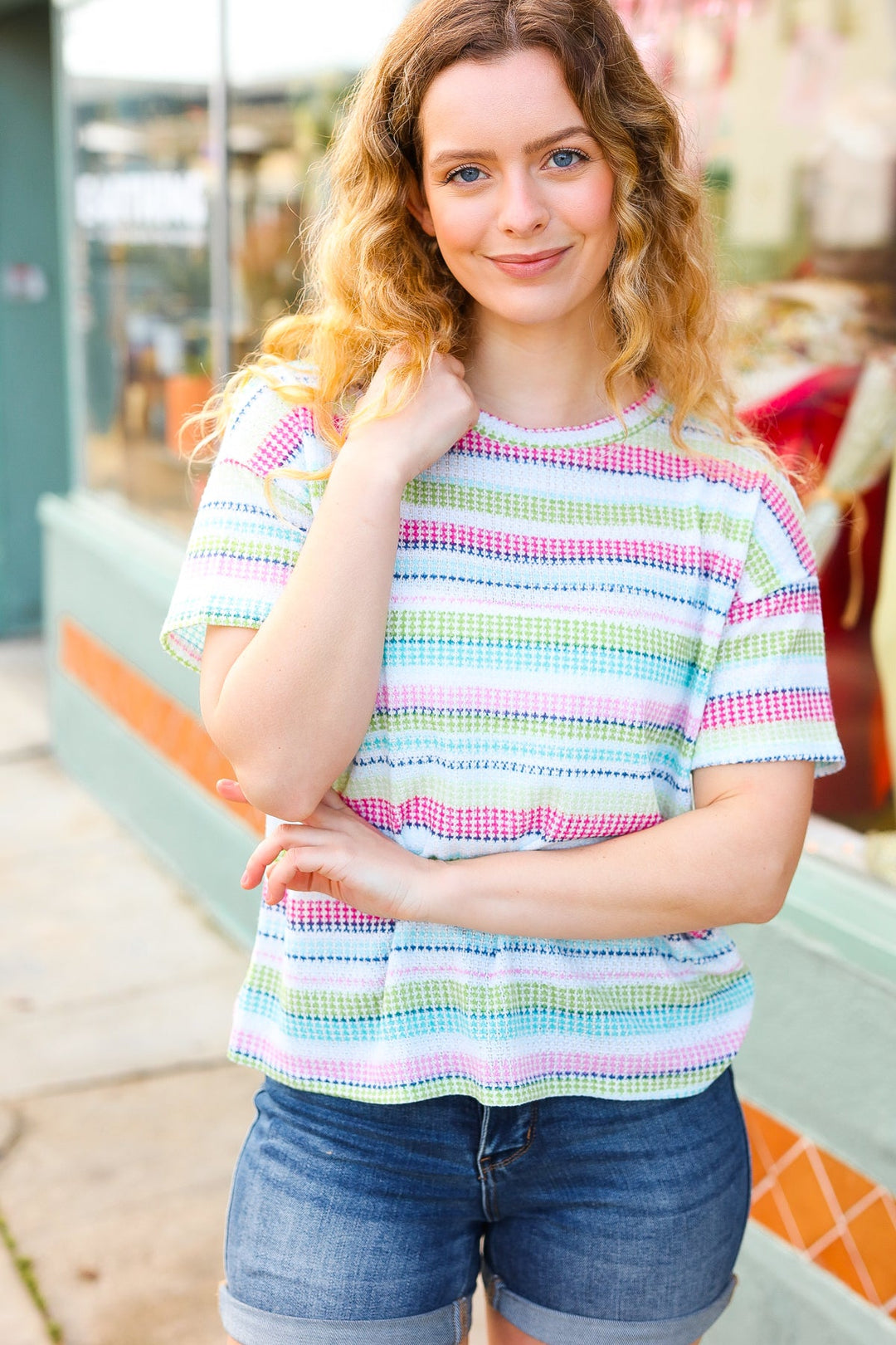 Lime & Navy Textured Vintage Stripe Sweater Top-Inspired by Justeen-Women's Clothing Boutique in Chicago, Illinois
