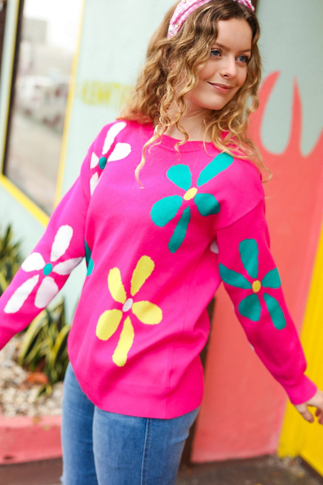Flower Power Hot Pink Daisy Jacquard Pullover Sweater-Inspired by Justeen-Women's Clothing Boutique in Chicago, Illinois
