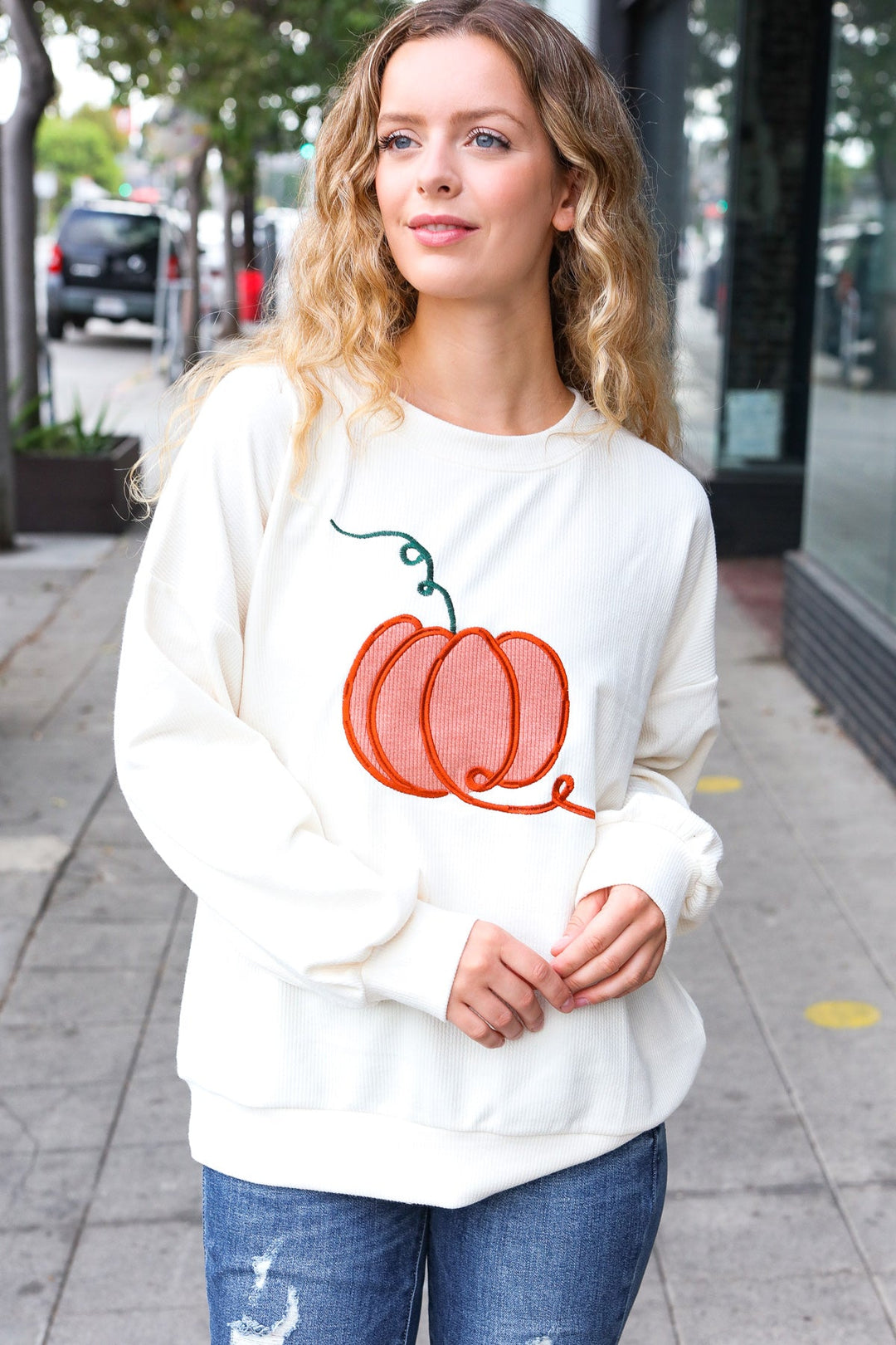 Halloween Lovely Ivory Embroidered Pumpkin Knit Sweater-Inspired by Justeen-Women's Clothing Boutique