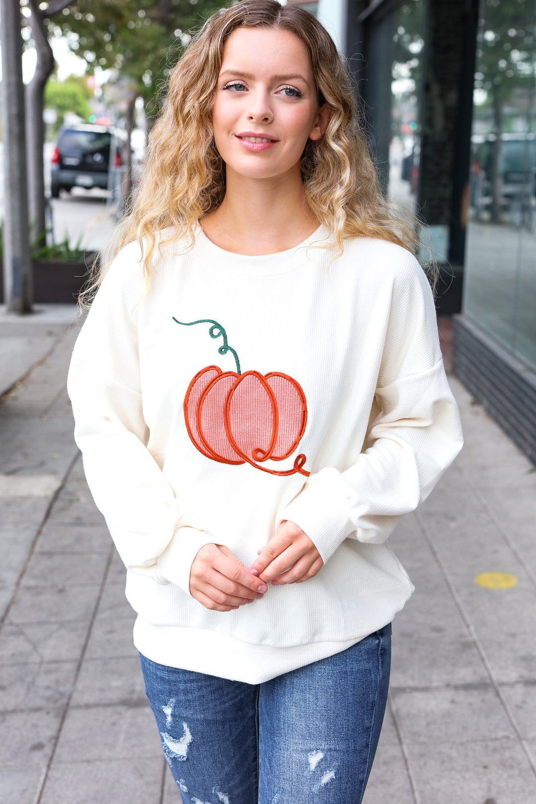 Halloween Lovely Ivory Embroidered Pumpkin Knit Sweater-Inspired by Justeen-Women's Clothing Boutique