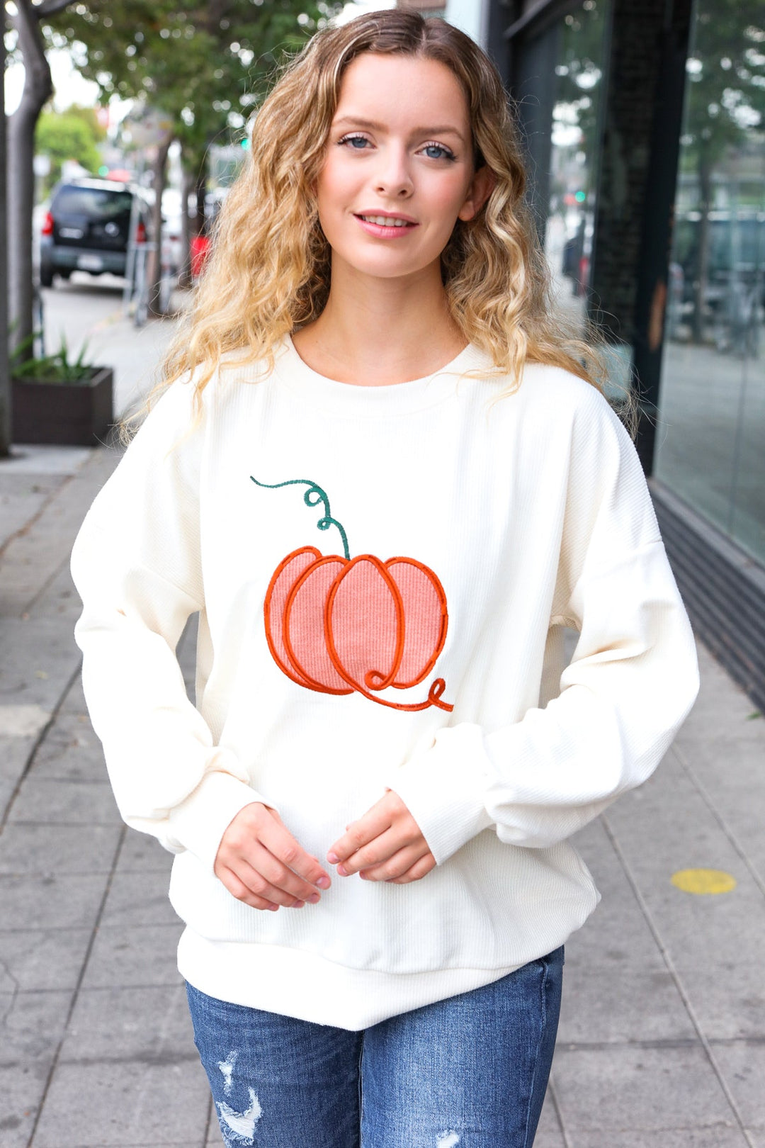 Halloween Lovely Ivory Embroidered Pumpkin Knit Sweater-Inspired by Justeen-Women's Clothing Boutique