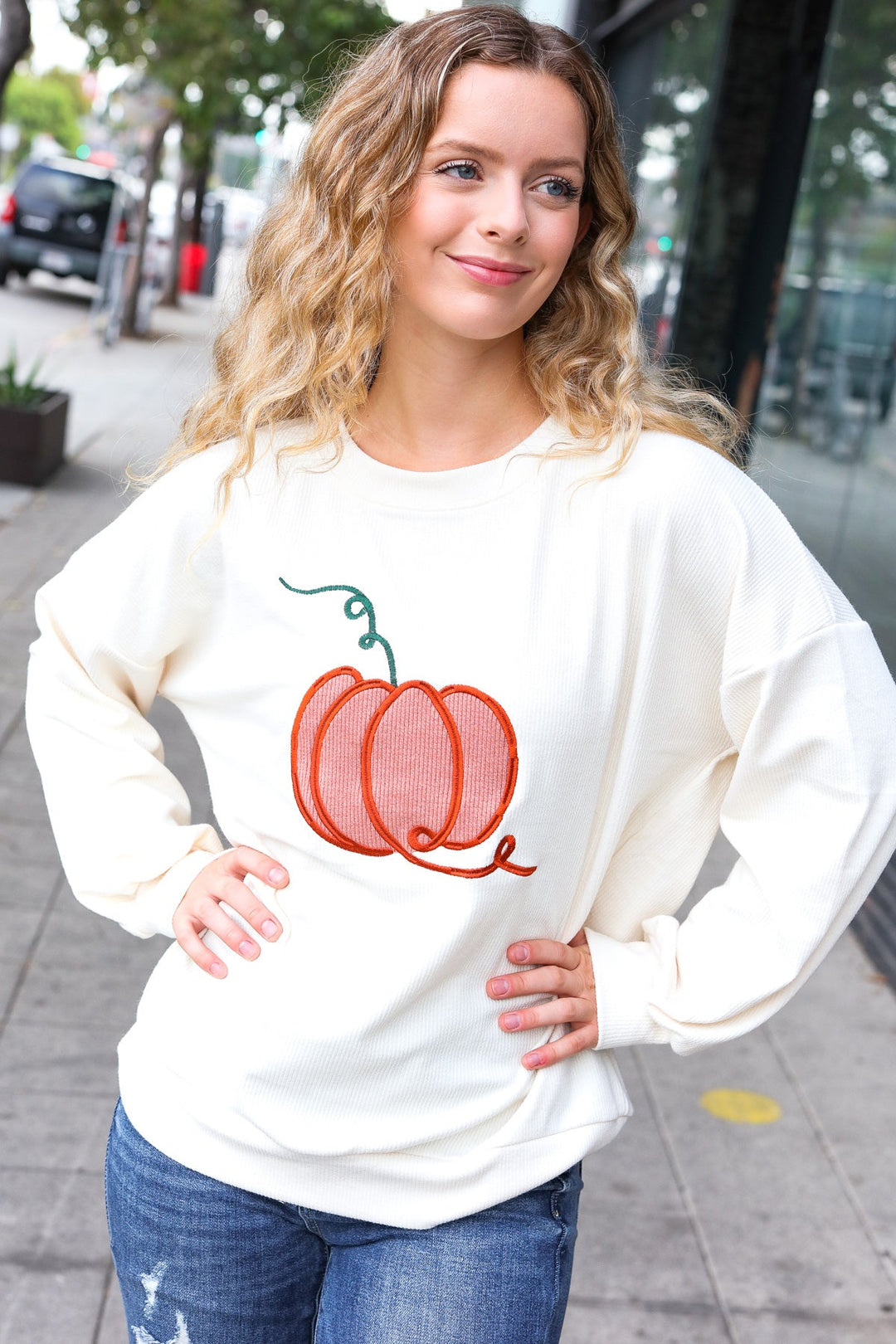 Halloween Lovely Ivory Embroidered Pumpkin Knit Sweater-Inspired by Justeen-Women's Clothing Boutique