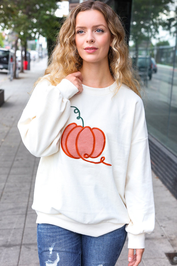 Halloween Lovely Ivory Embroidered Pumpkin Knit Sweater-Inspired by Justeen-Women's Clothing Boutique