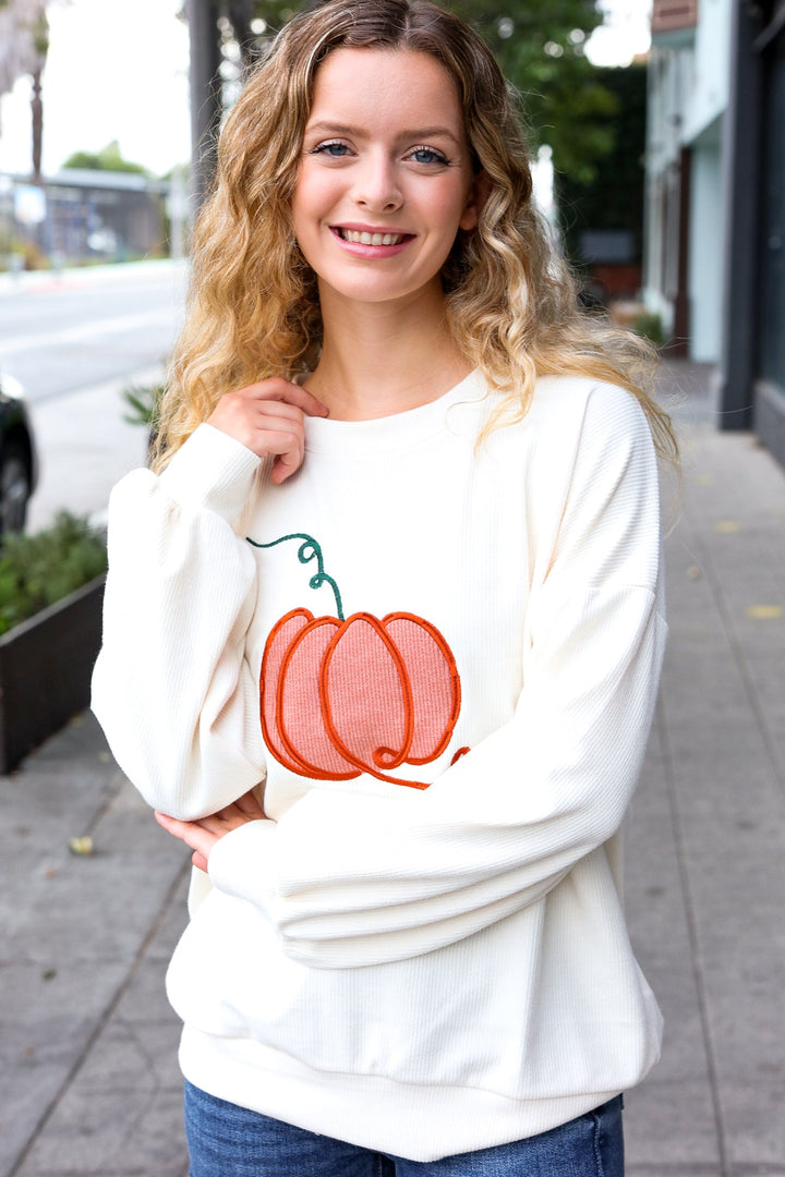 Halloween Lovely Ivory Embroidered Pumpkin Knit Sweater-Inspired by Justeen-Women's Clothing Boutique