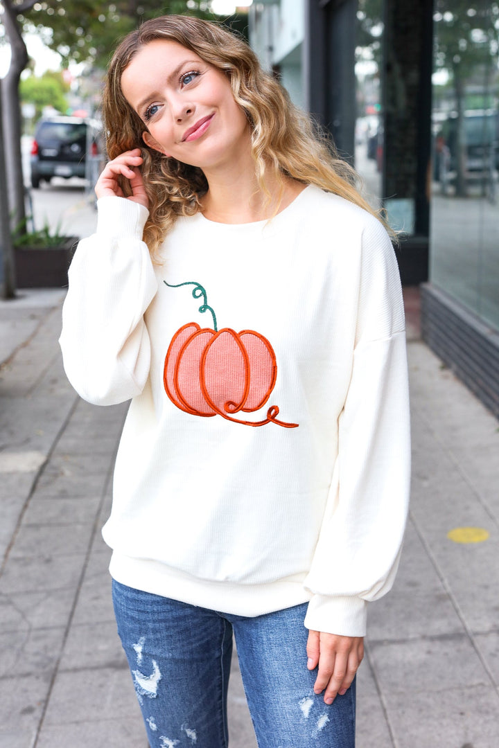 Halloween Lovely Ivory Embroidered Pumpkin Knit Sweater-Inspired by Justeen-Women's Clothing Boutique