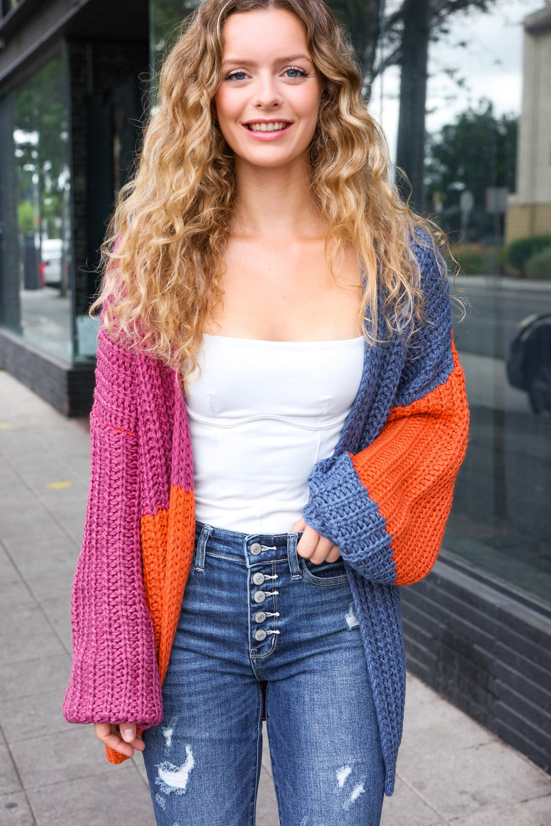 Dazzle In Magenta & Navy Chunky Knit Color Block Cardigan-Inspired by Justeen-Women's Clothing Boutique