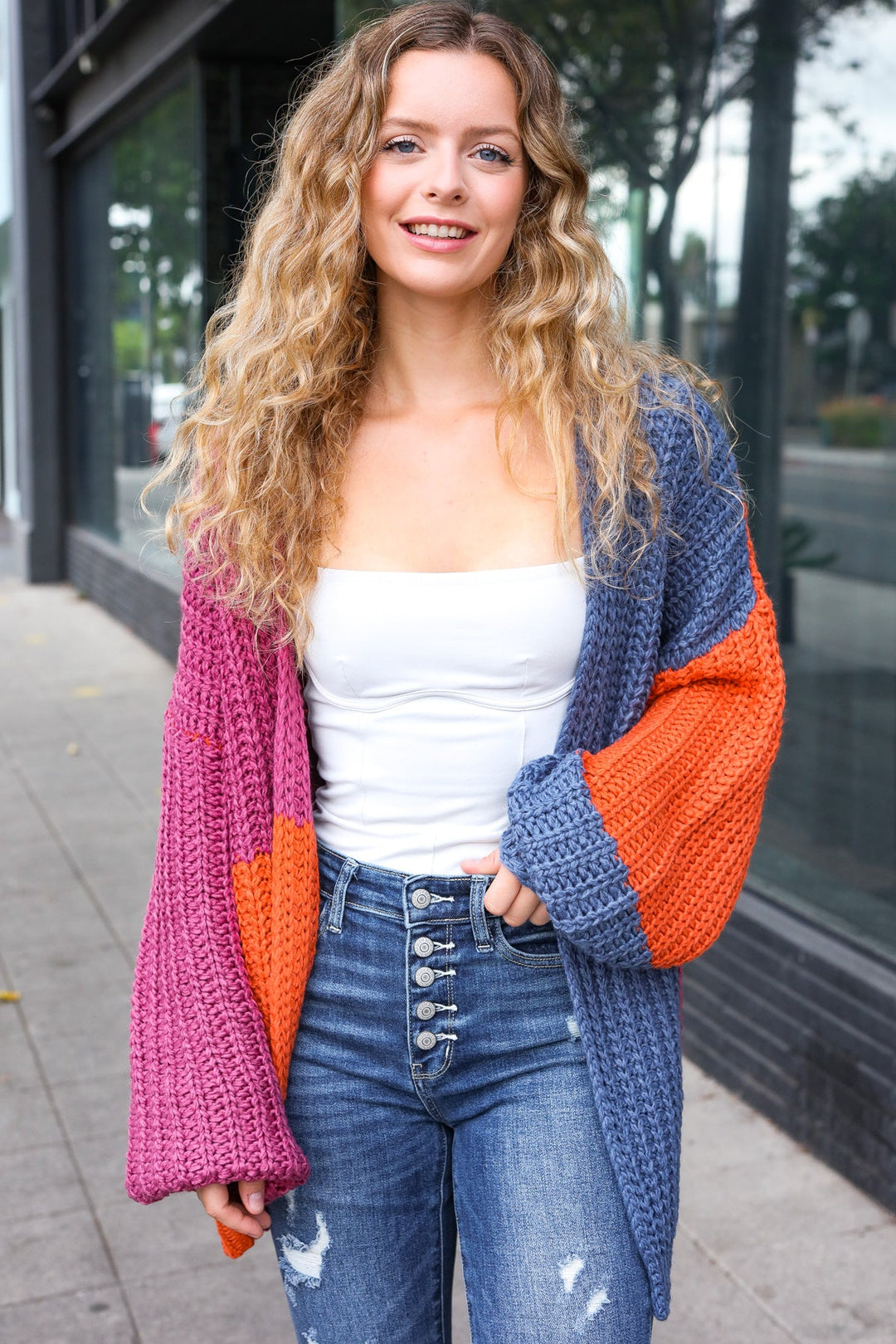 Dazzle In Magenta & Navy Chunky Knit Color Block Cardigan-Inspired by Justeen-Women's Clothing Boutique