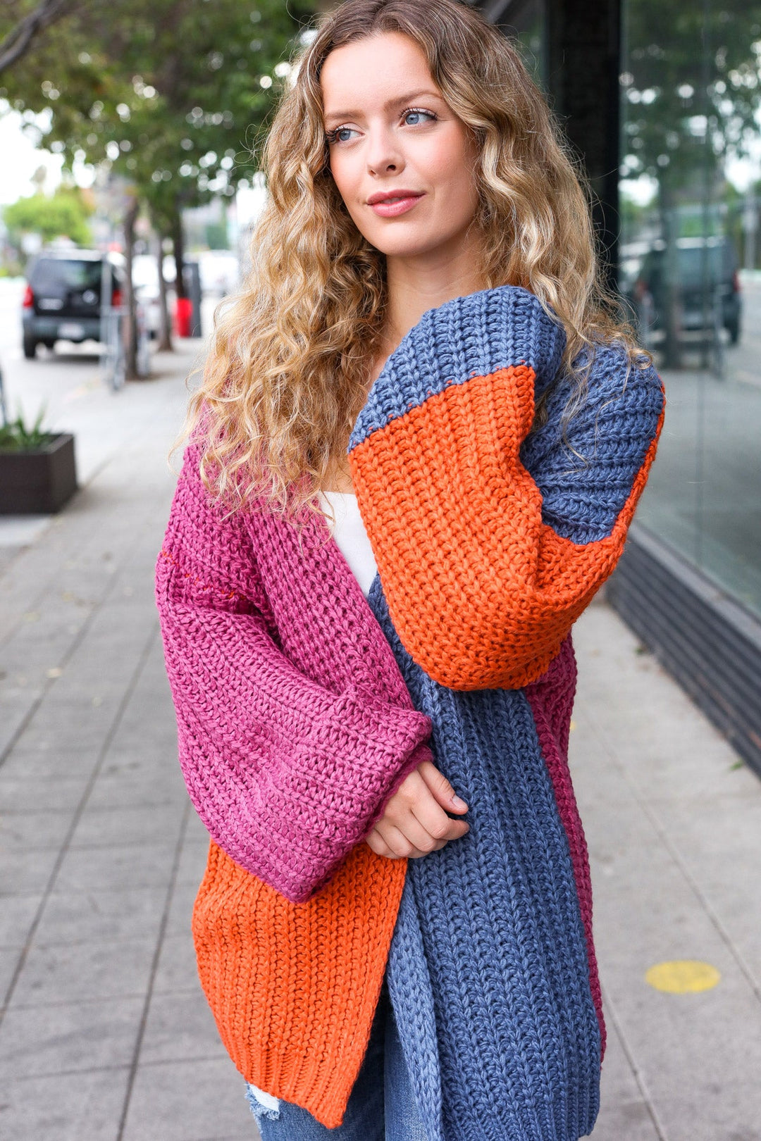 Dazzle In Magenta & Navy Chunky Knit Color Block Cardigan-Inspired by Justeen-Women's Clothing Boutique