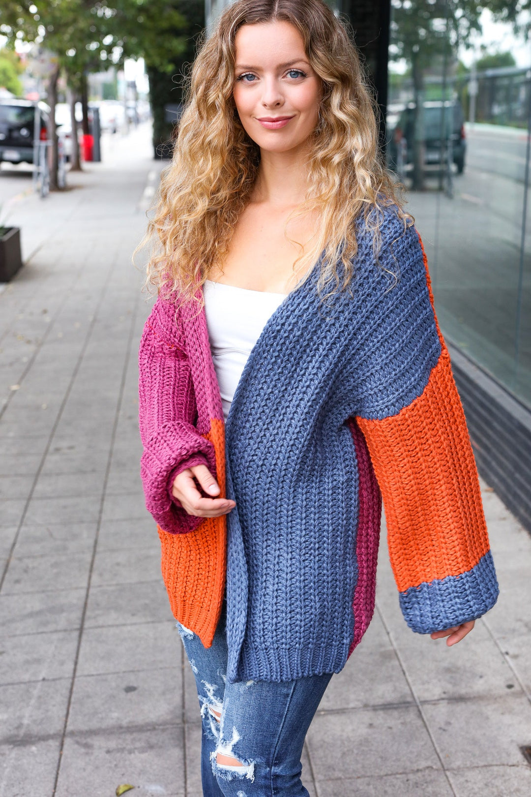 Dazzle In Magenta & Navy Chunky Knit Color Block Cardigan-Inspired by Justeen-Women's Clothing Boutique