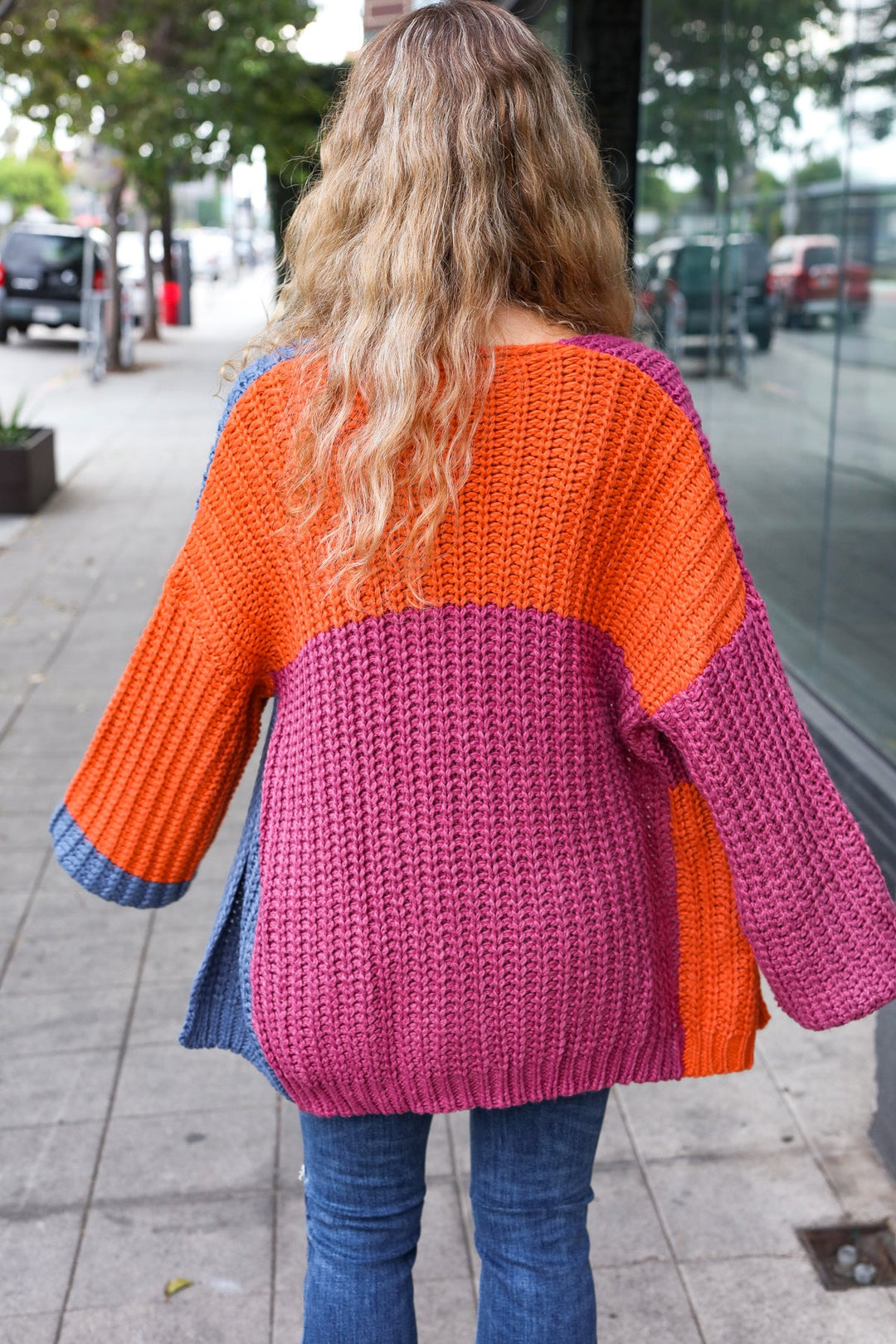 Dazzle In Magenta & Navy Chunky Knit Color Block Cardigan-Inspired by Justeen-Women's Clothing Boutique