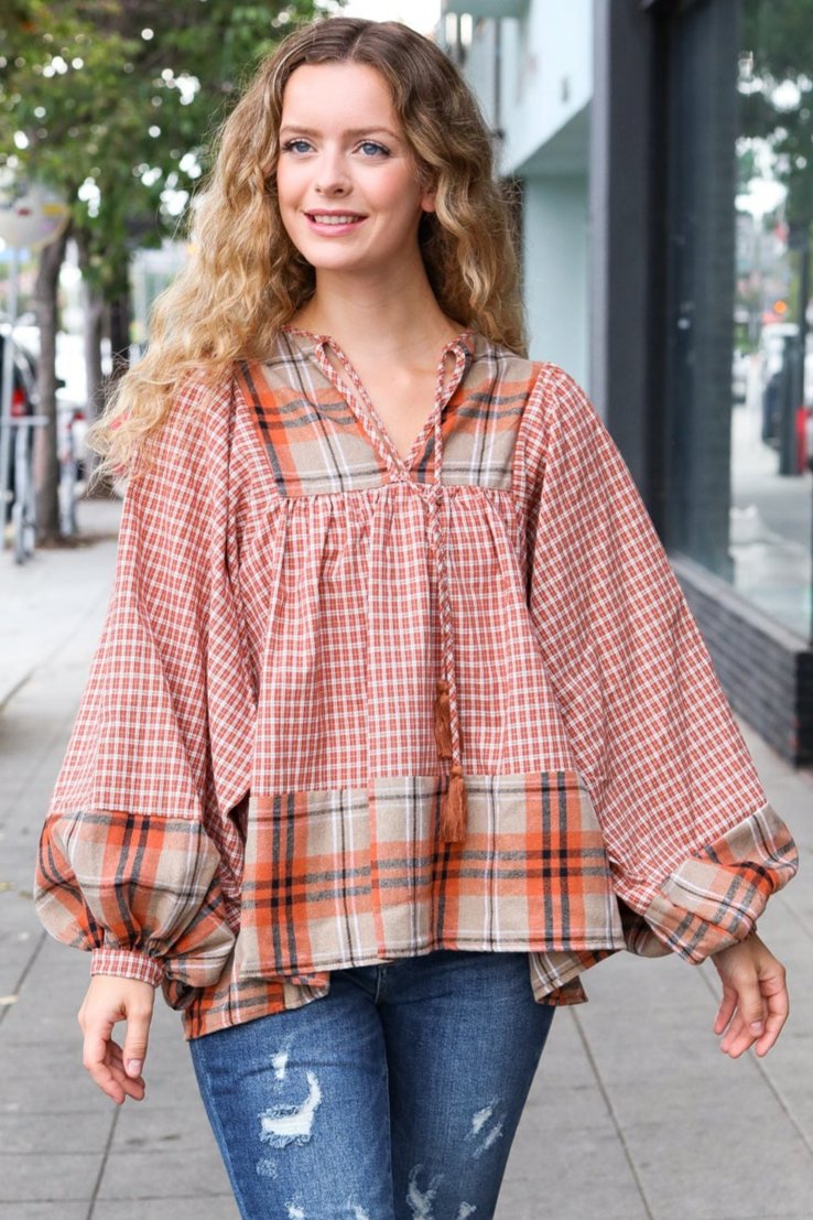 Under Your Spell Rust Plaid Color Block Notch Neck Top-Inspired by Justeen-Women's Clothing Boutique