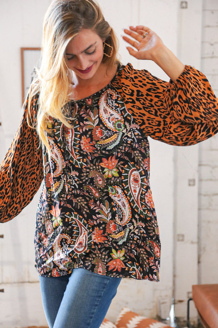 Boho Paisley Leopard Print Front Tie Woven Blouse-Inspired by Justeen-Women's Clothing Boutique in Chicago, Illinois