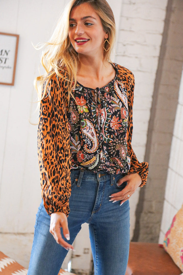 Boho Paisley Leopard Print Front Tie Woven Blouse-Inspired by Justeen-Women's Clothing Boutique in Chicago, Illinois