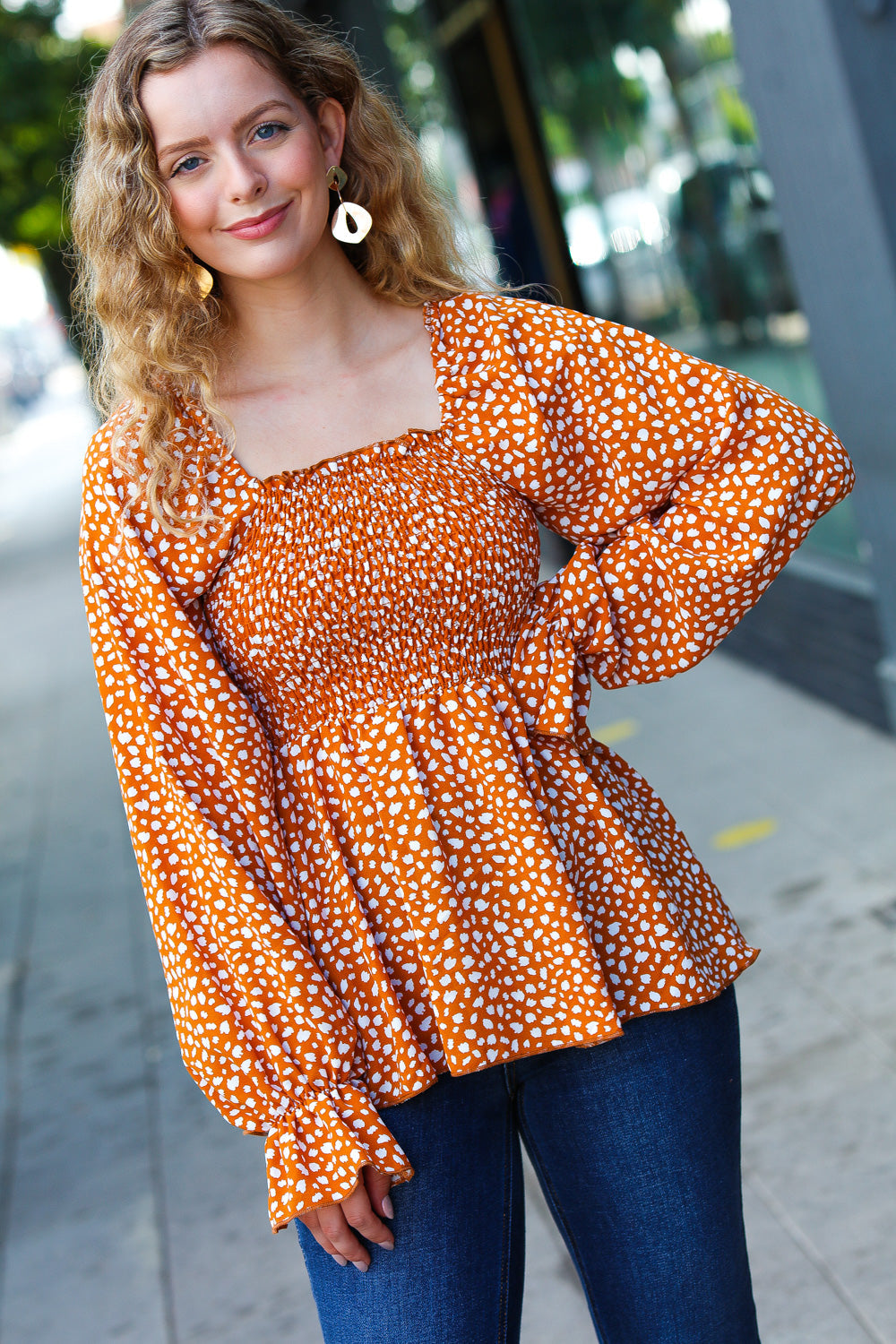 Rust Leopard Print Smocked Ruffle Hem Top-Inspired by Justeen-Women's Clothing Boutique in Chicago, Illinois
