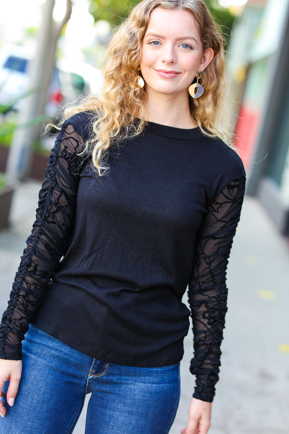 Can't Help But Love Black Shirred Velvet Mesh Blouse-Inspired by Justeen-Women's Clothing Boutique in Chicago, Illinois