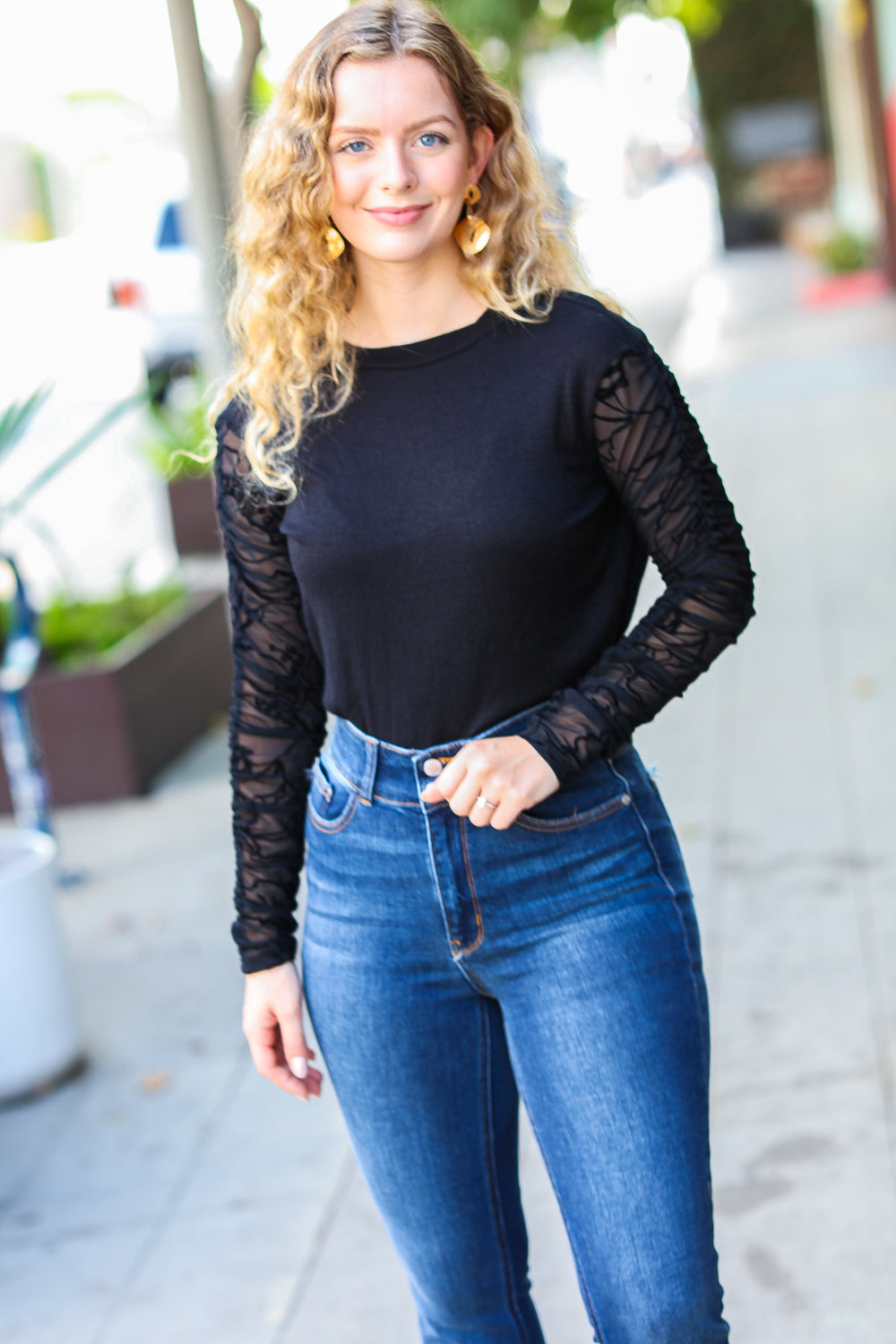 Can't Help But Love Black Shirred Velvet Mesh Blouse-Inspired by Justeen-Women's Clothing Boutique in Chicago, Illinois