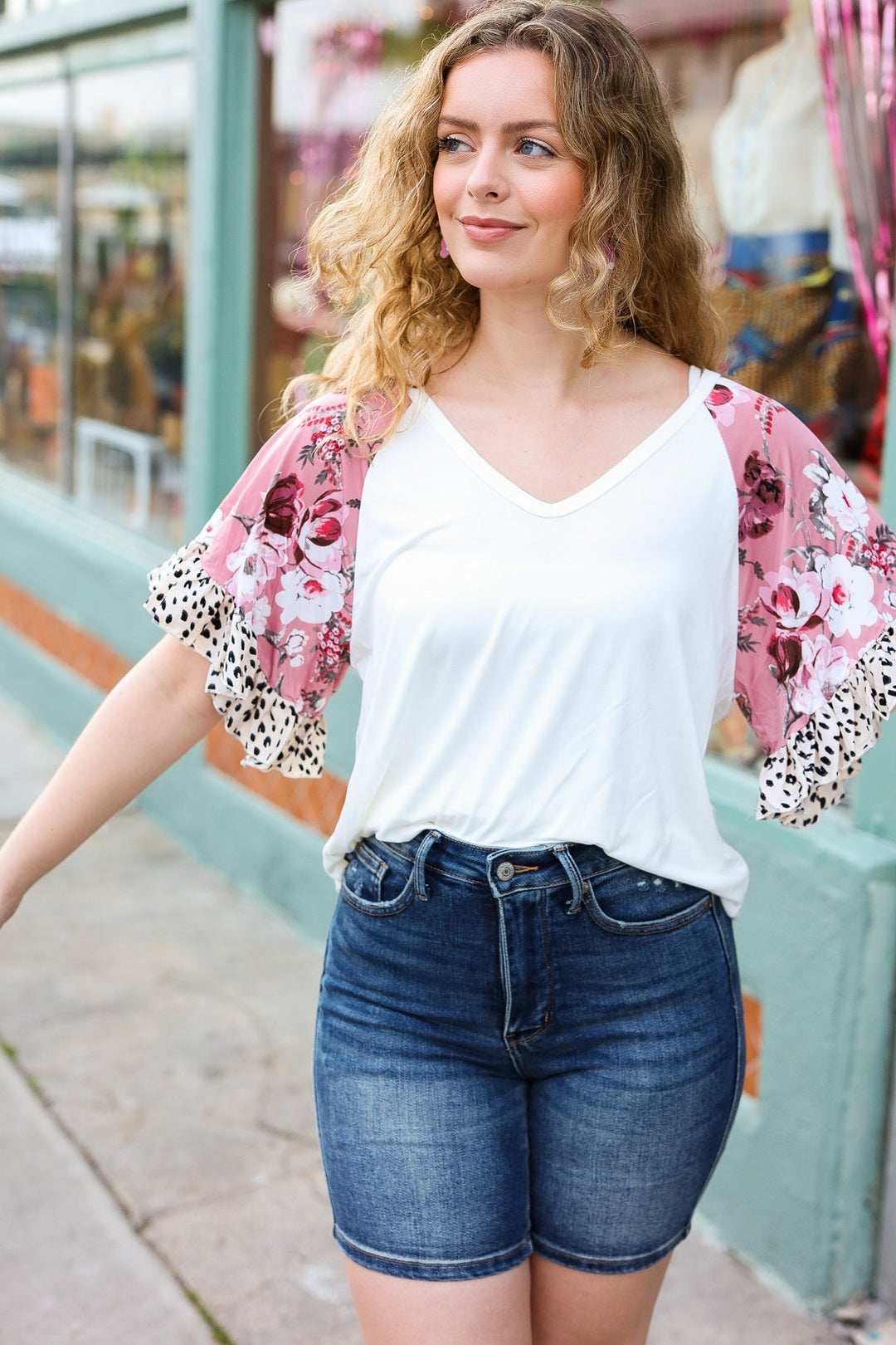 Seize The Day Cream Floral & Animal Print Ruffle Sleeve Top-Inspired by Justeen-Women's Clothing Boutique in Chicago, Illinois