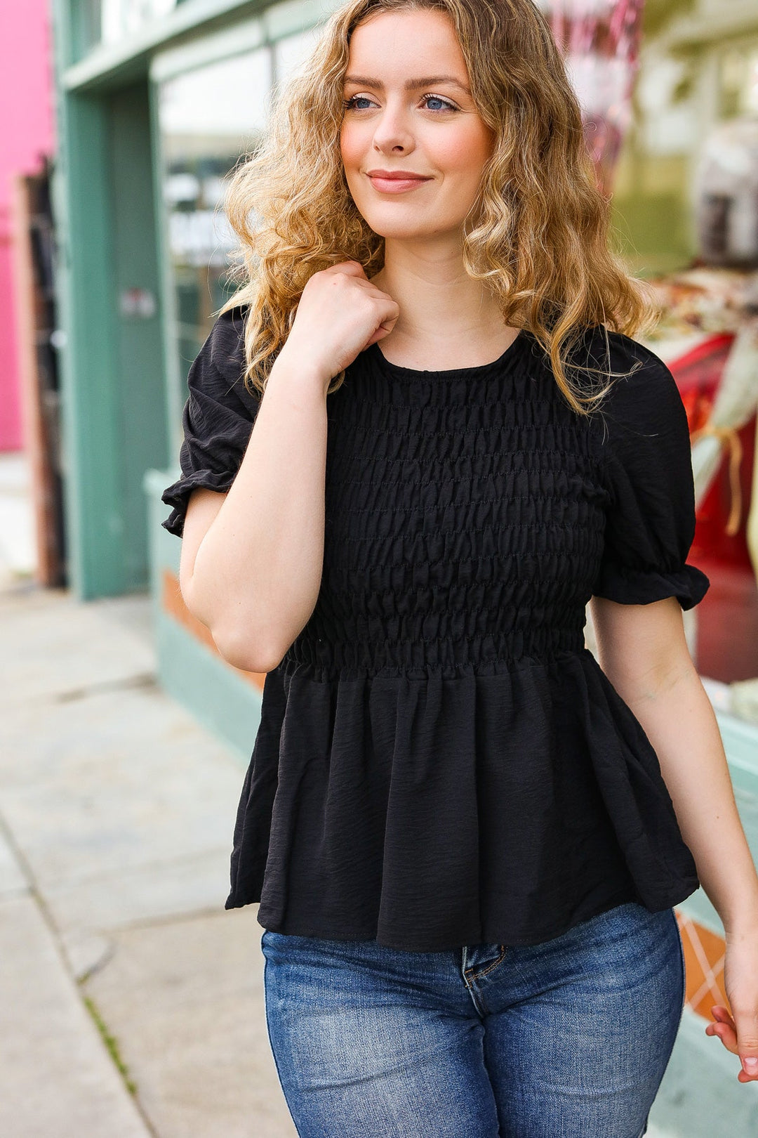 All For You Black Smocked Peplum Puff Sleeve Top-Inspired by Justeen-Women's Clothing Boutique in Chicago, Illinois
