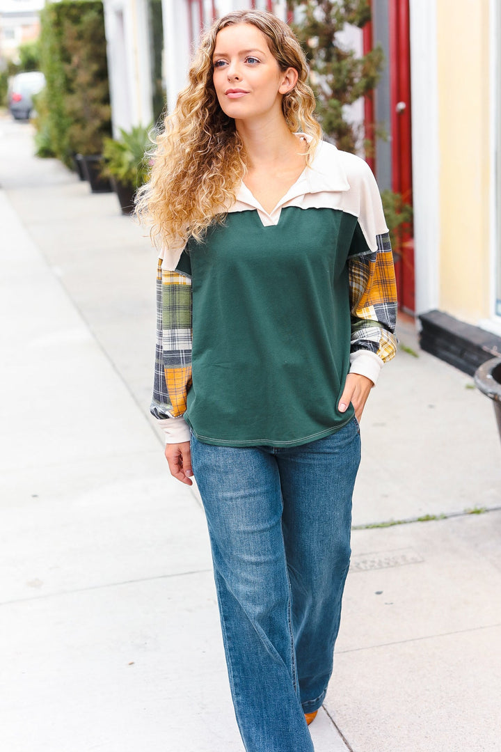 Fall For You Hunter Green Plaid Color Block Collared Terry Top-110 Long Sleeve Tops-Inspired by Justeen-Women's Clothing Boutique