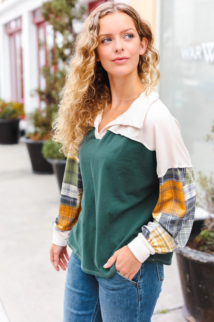 Fall For You Hunter Green Plaid Color Block Collared Terry Top-110 Long Sleeve Tops-Inspired by Justeen-Women's Clothing Boutique