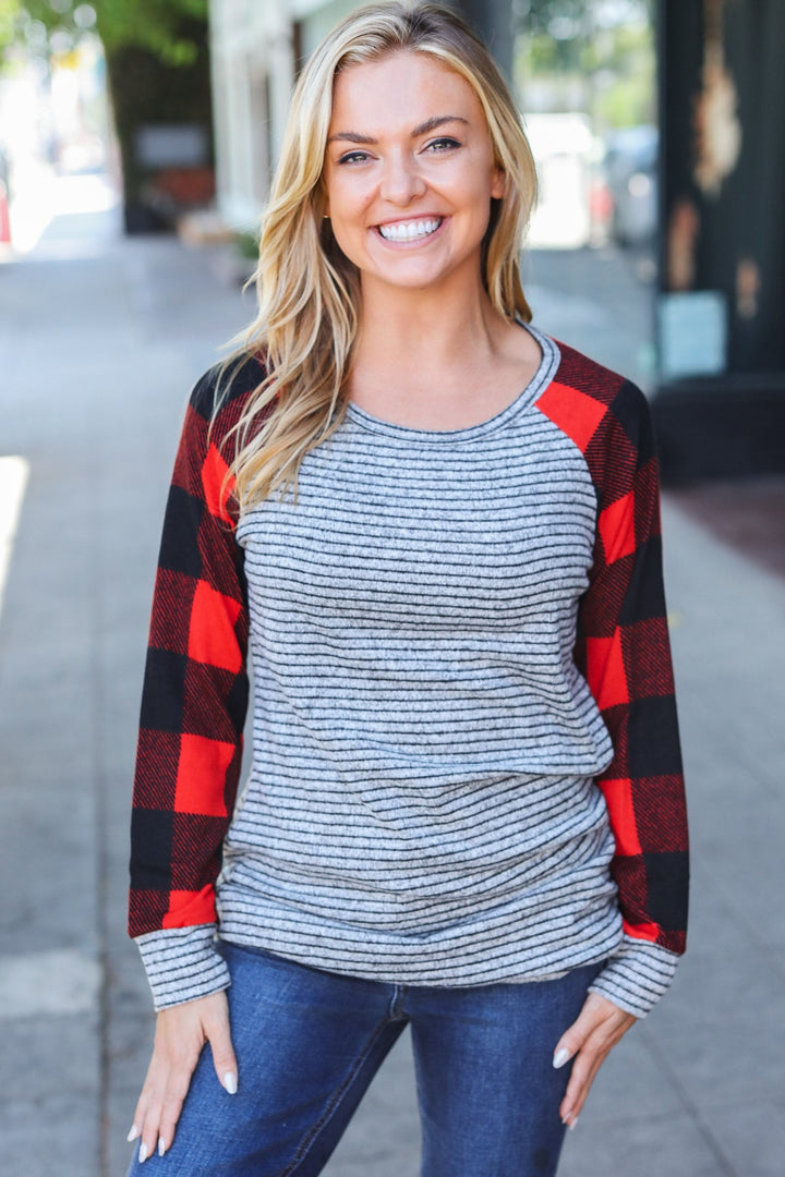 Adorable Red & Grey Striped Plaid Longline Raglan Top-110 Long Sleeve Tops-Inspired by Justeen-Women's Clothing Boutique