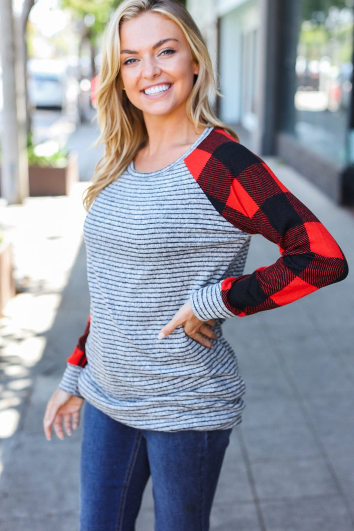 Adorable Red & Grey Striped Plaid Longline Raglan Top-110 Long Sleeve Tops-Inspired by Justeen-Women's Clothing Boutique