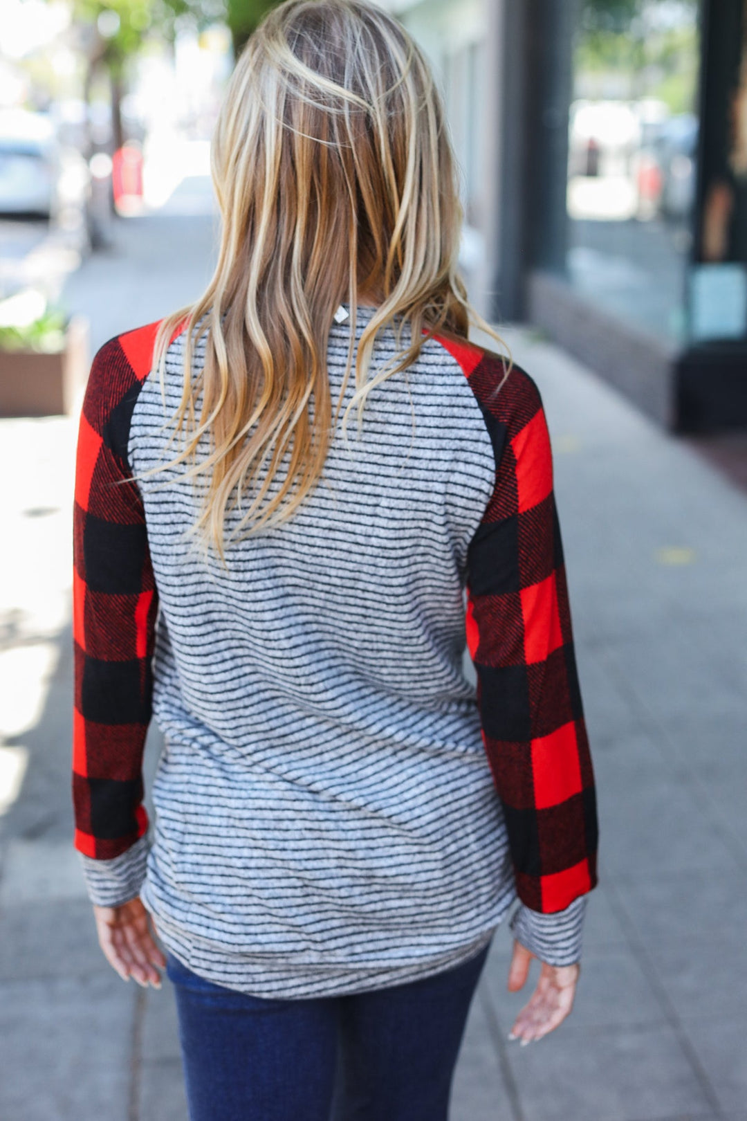 Adorable Red & Grey Striped Plaid Longline Raglan Top-110 Long Sleeve Tops-Inspired by Justeen-Women's Clothing Boutique