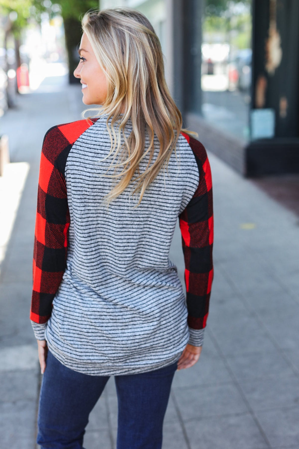 Adorable Red & Grey Striped Plaid Longline Raglan Top-110 Long Sleeve Tops-Inspired by Justeen-Women's Clothing Boutique