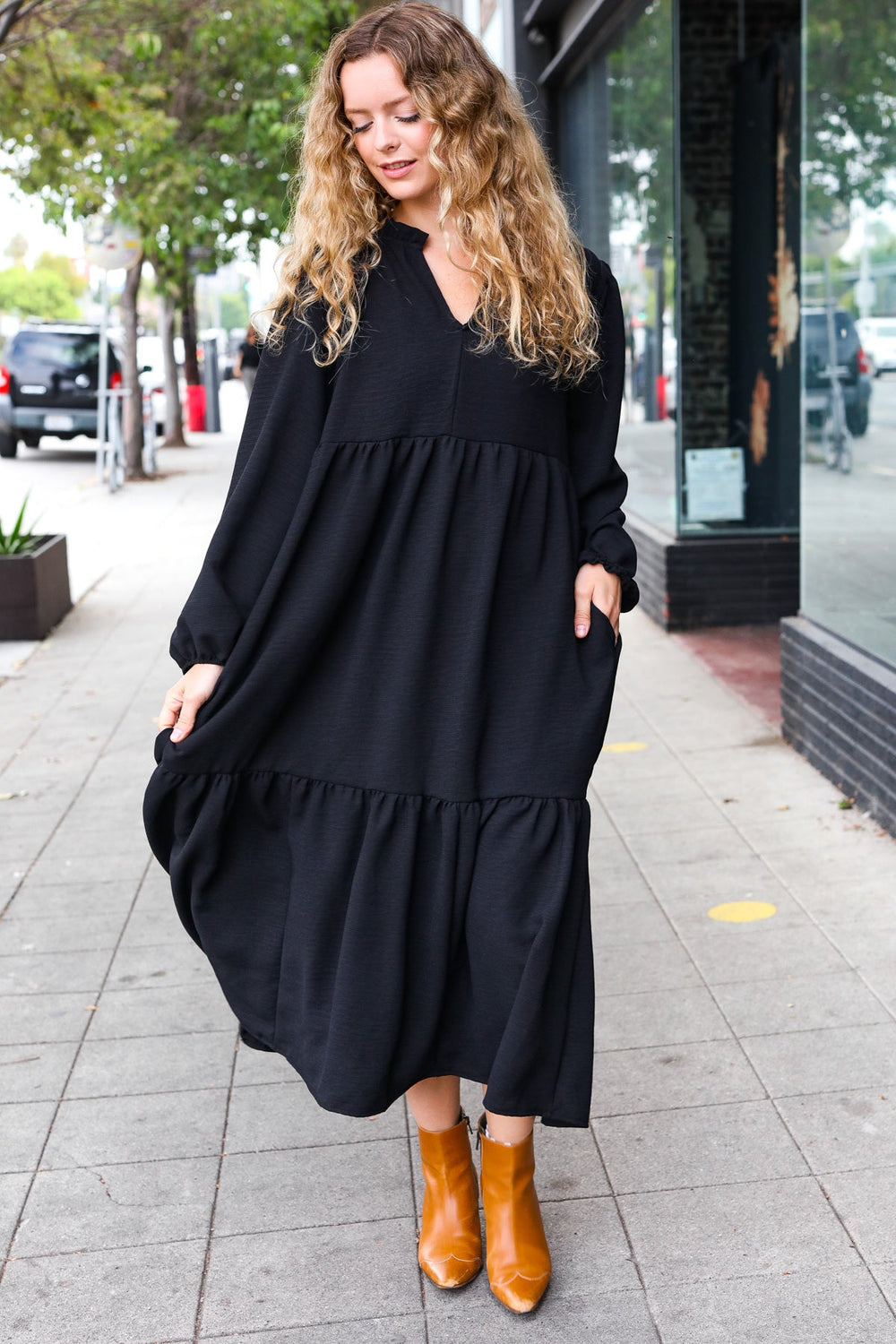 Lock Eyes Black Notched Neck Frill Hem Tiered Maxi Dress-Inspired by Justeen-Women's Clothing Boutique